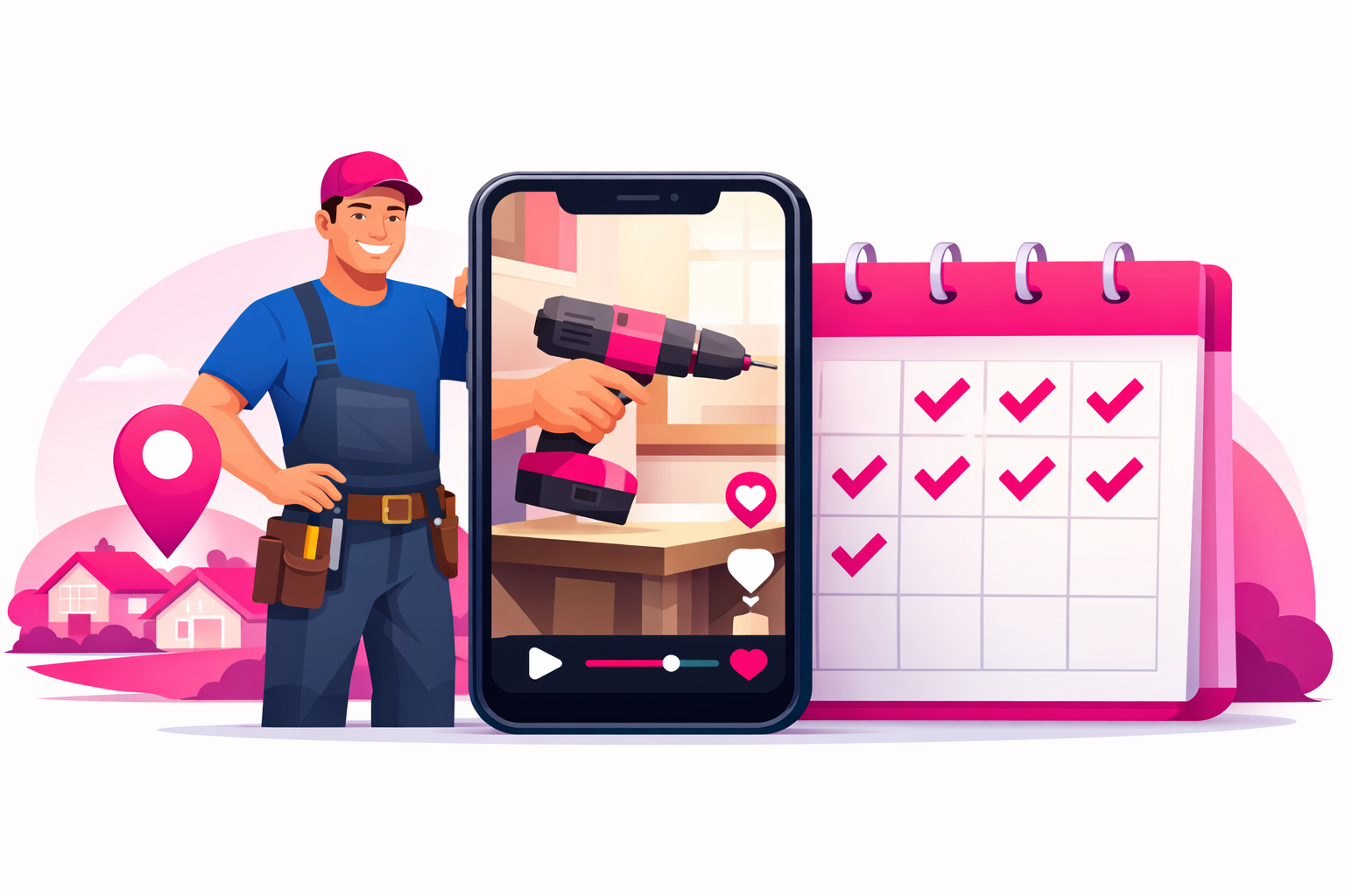 A contractor standing beside a large smartphone playing a home renovation video, with a location pin over a suburban neighborhood and a calendar filling with booked appointment checkmarks