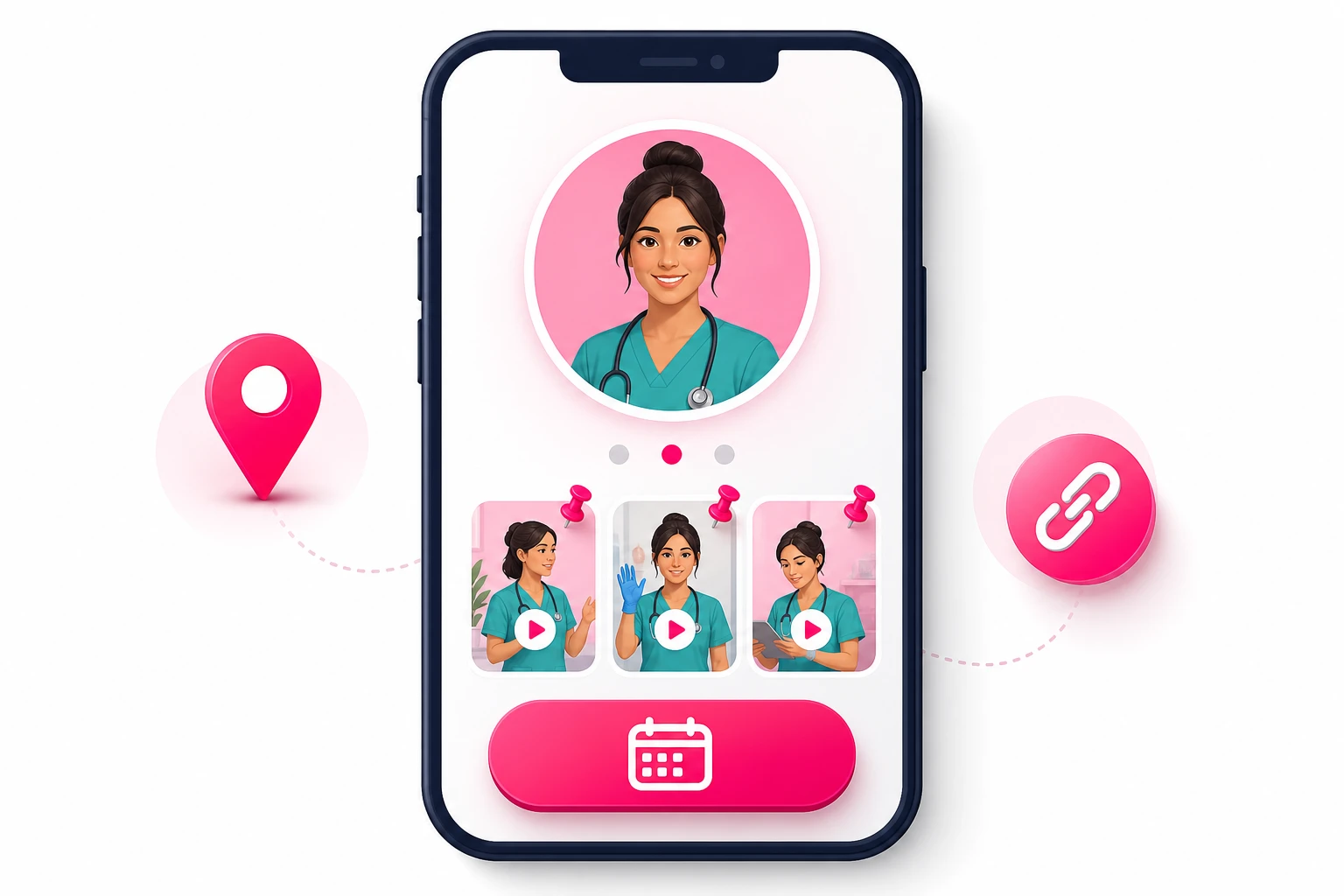 An illustration of a healthcare provider's mobile profile showing a photo of a clinician in scrubs, a row of three pinned video thumbnails, and a large pink booking button with a calendar icon, flanked by a map pin and a link icon