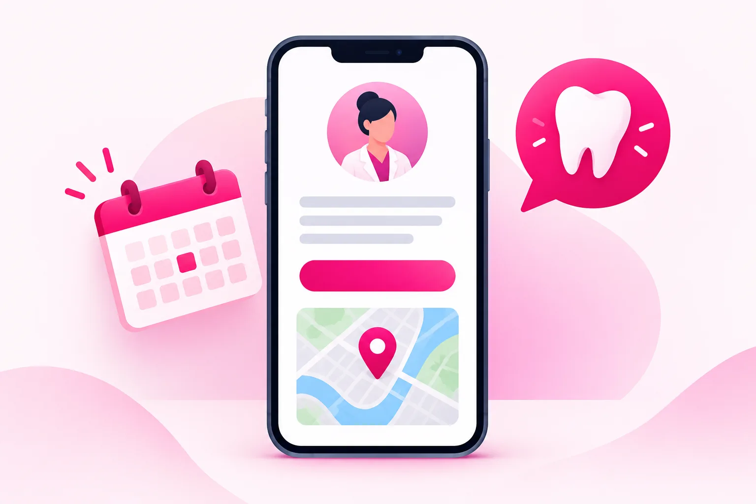 An illustration of a smartphone showing a dental practice profile page with a round avatar, placeholder bio lines, one highlighted pink link button, and a small city map with a location pin, beside a calendar icon and a tooth-shaped speech bubble