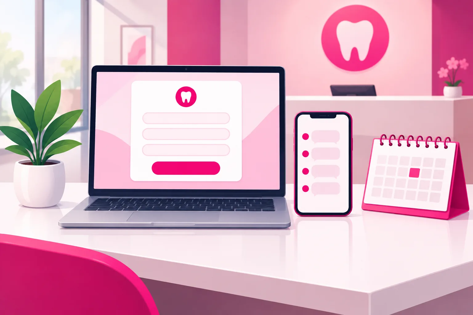 An illustration of a tidy dental reception desk with a laptop showing a short new-patient request form with three blank fields and a pink submit button, beside a phone displaying four incoming message bubbles, a desk calendar with one highlighted day, and a small potted plant