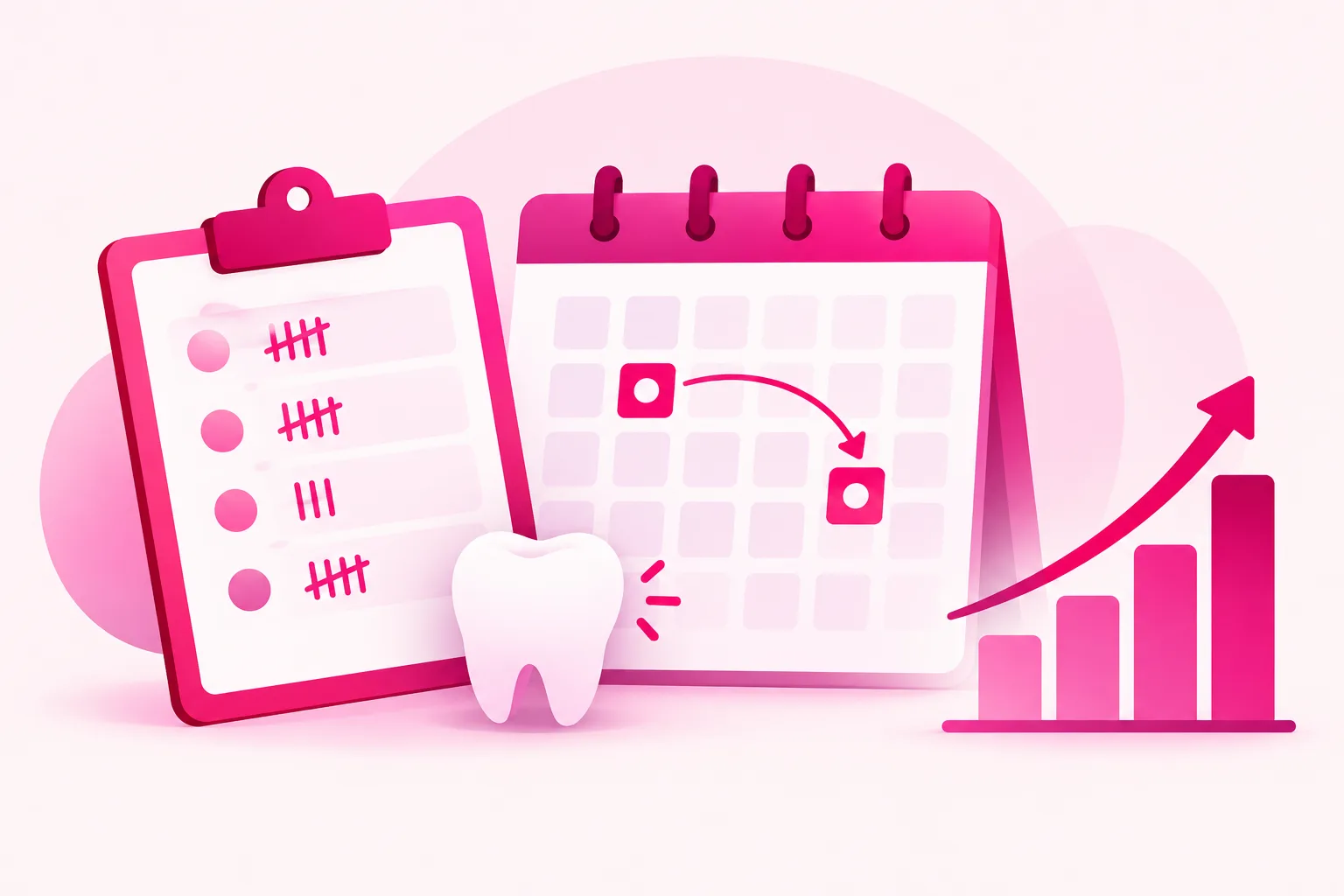 An illustration of a clipboard with a simple tally chart next to an appointment calendar showing two highlighted visits connected by a curved arrow, a small tooth icon, and a rising bar graph