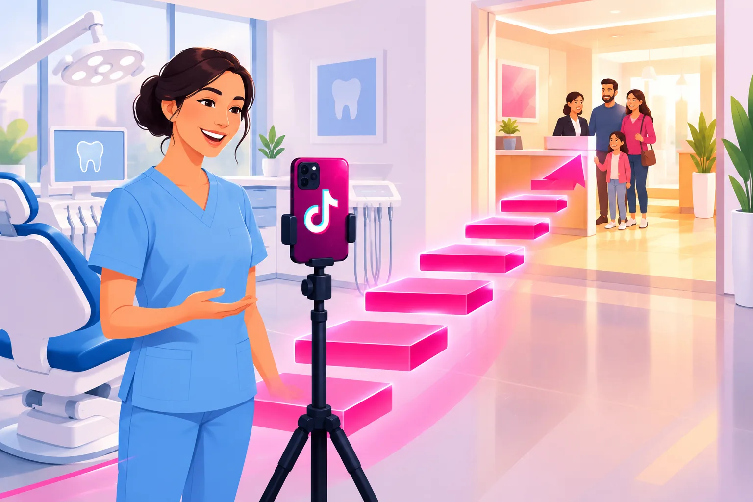 An illustration of a smiling dentist in blue scrubs standing beside a smartphone on a tripod in a bright dental operatory, with glowing pink steps rising from the phone toward an open doorway where a family of three waits at a welcoming front desk