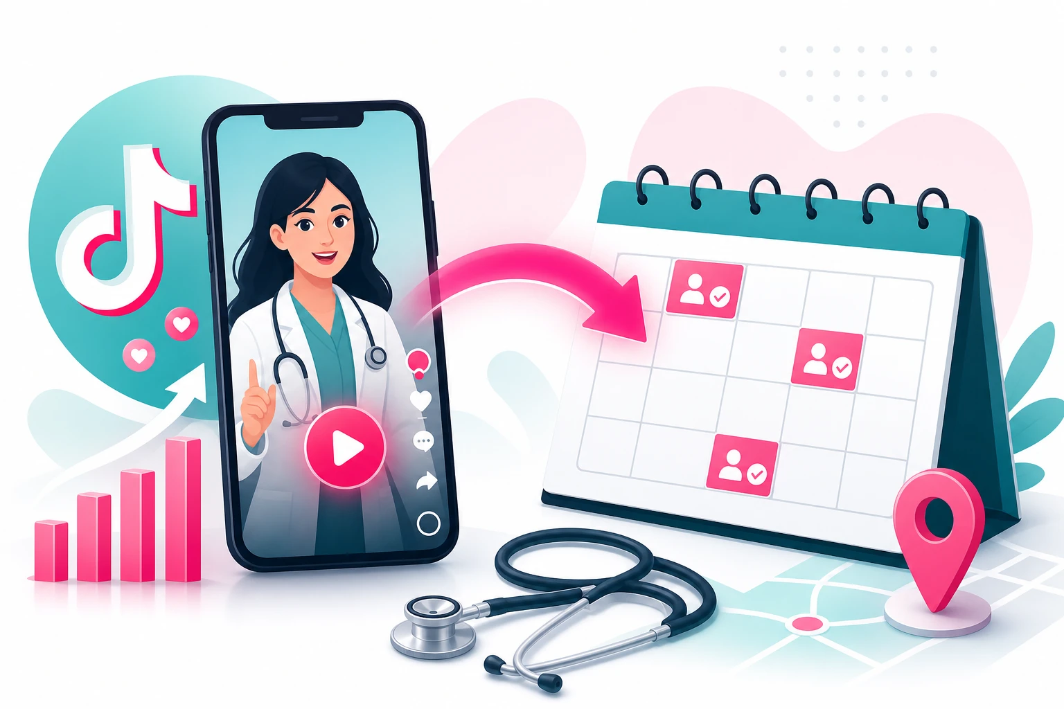 An illustration of a smartphone showing a healthcare provider in a white coat speaking to camera, with a pink arrow curving to a desk calendar where three appointment slots are marked as booked, beside a stethoscope and a location pin on a map