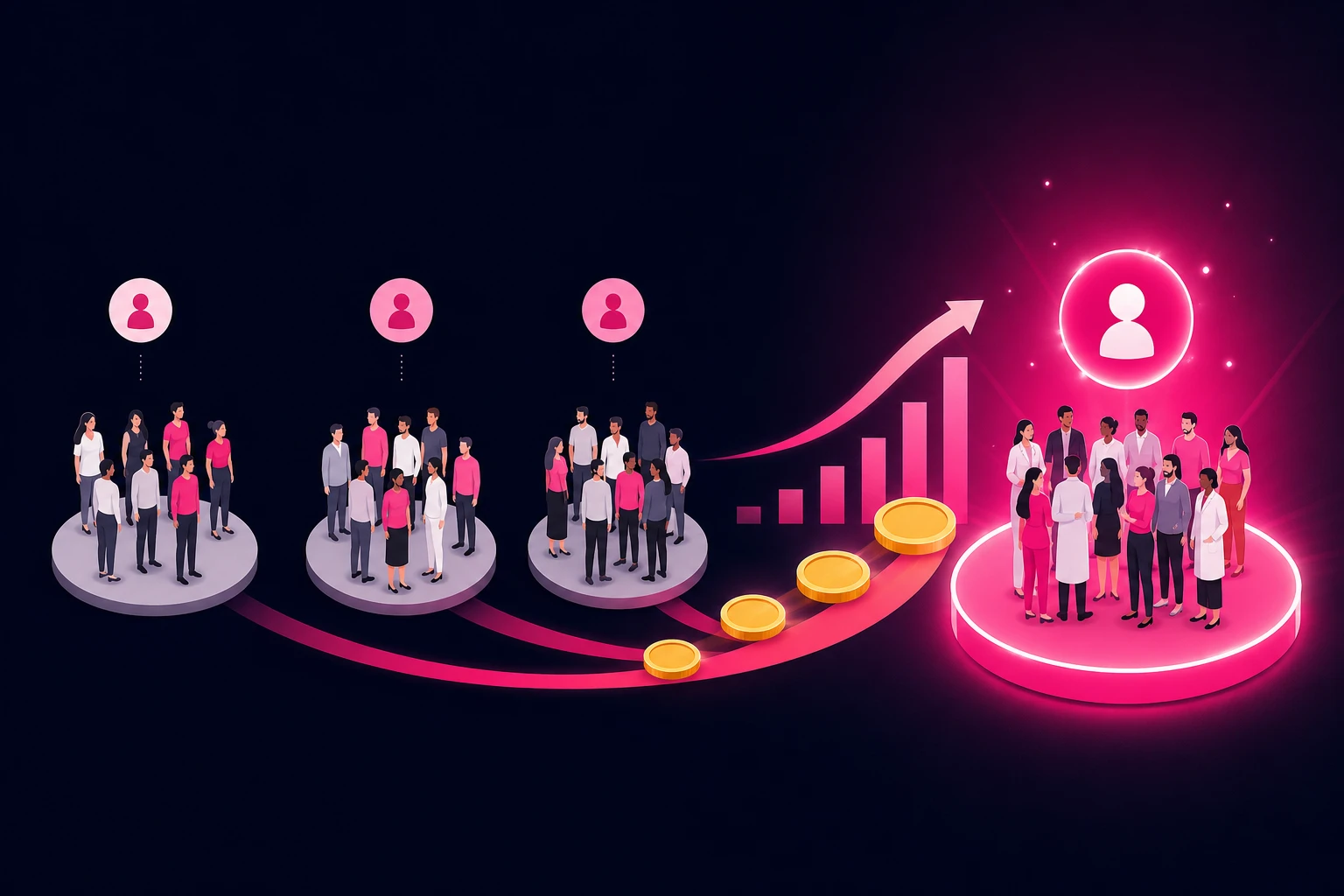 An illustration of three audience segments side by side with coins and an upward growth chart flowing toward the best-performing group highlighted in pink, representing budget shifting to the audience that books