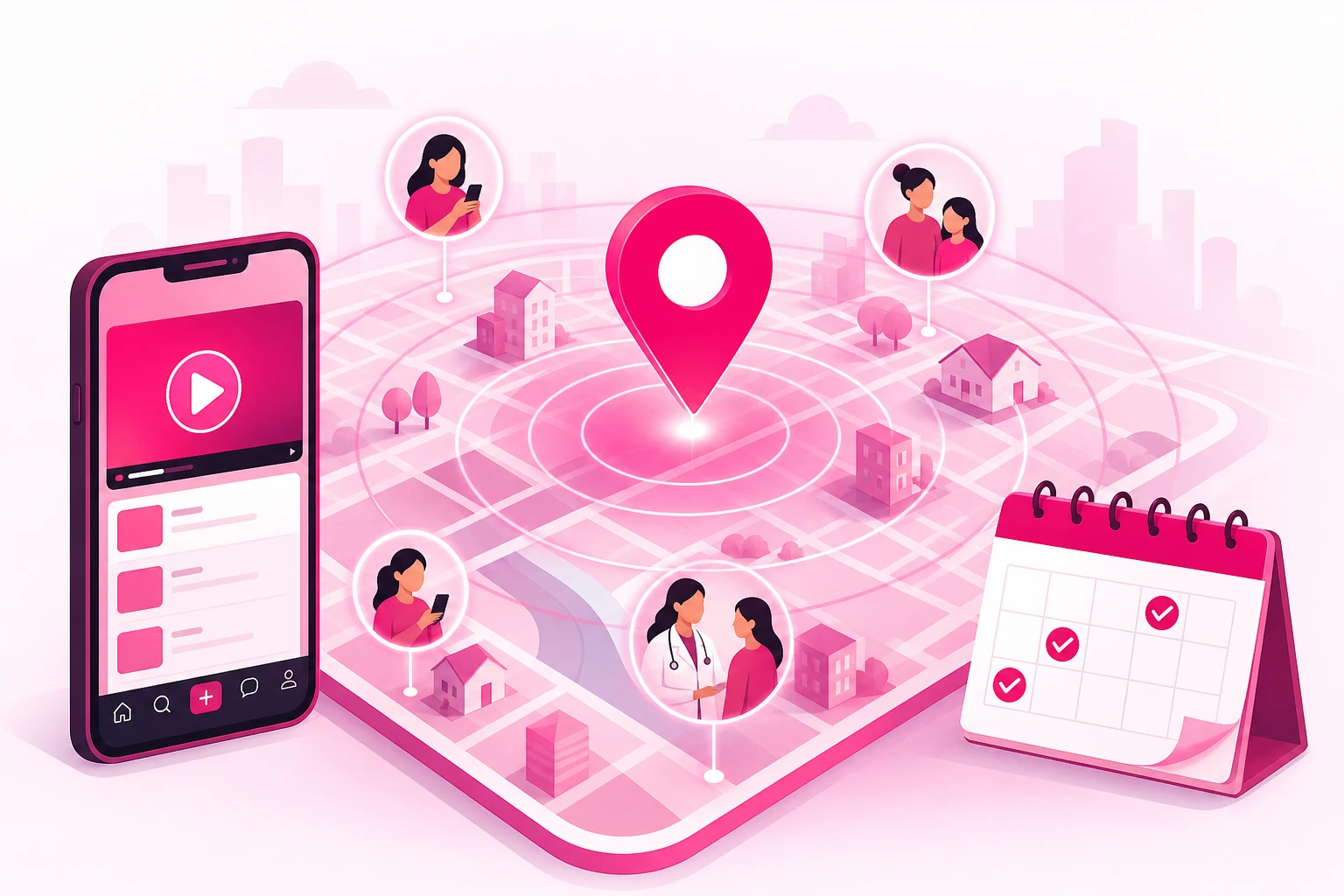An illustration of local metro targeting: a city map with a pink location pin, concentric amplification rings reaching households and a doctor-patient bubble, a phone showing a video play button, and a calendar with appointment checkmarks