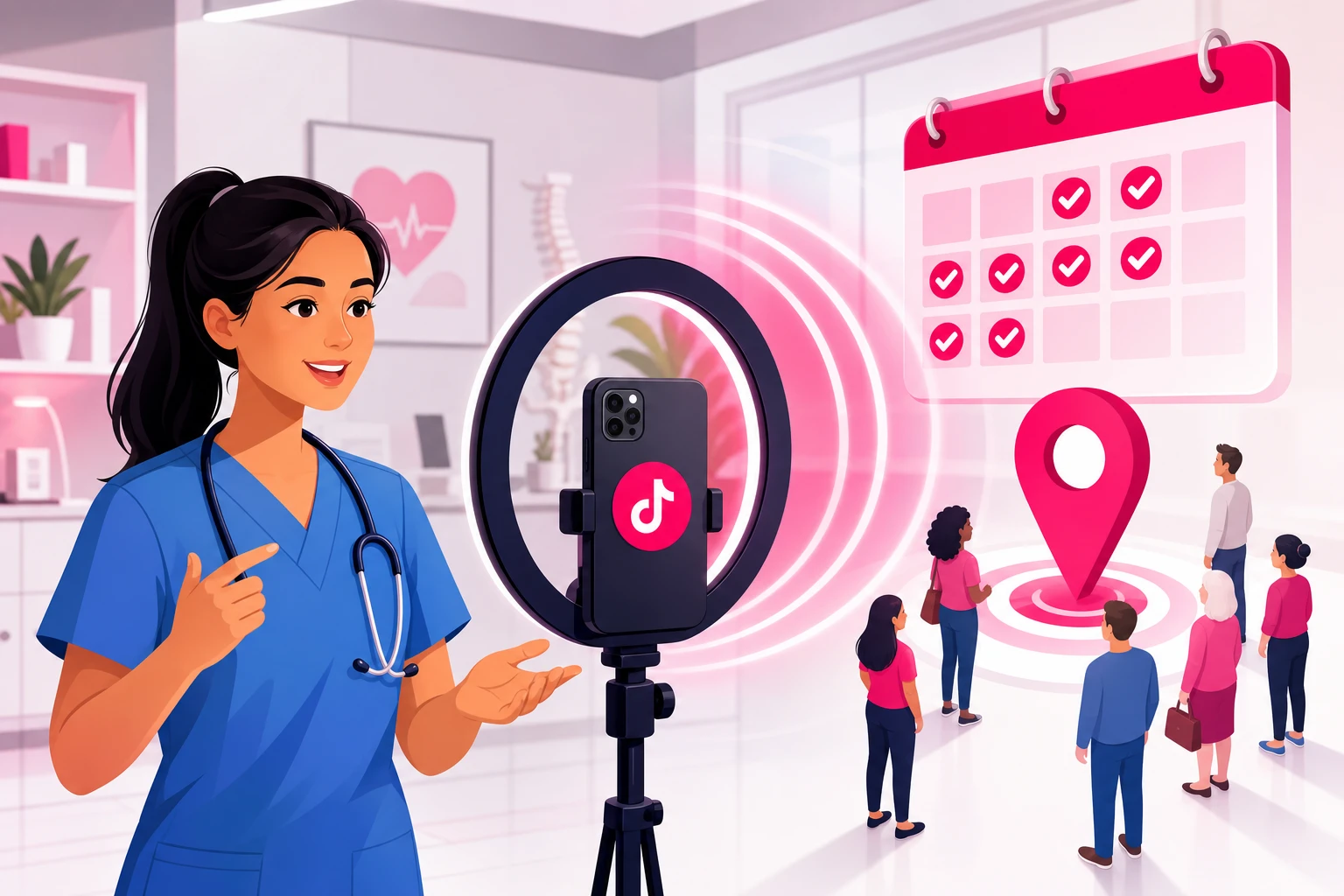 An illustration of a healthcare provider in blue scrubs filming herself on a smartphone ring light in a bright clinic, with pink amplification waves reaching patient figures near a map pin and a calendar full of booked appointment checkmarks