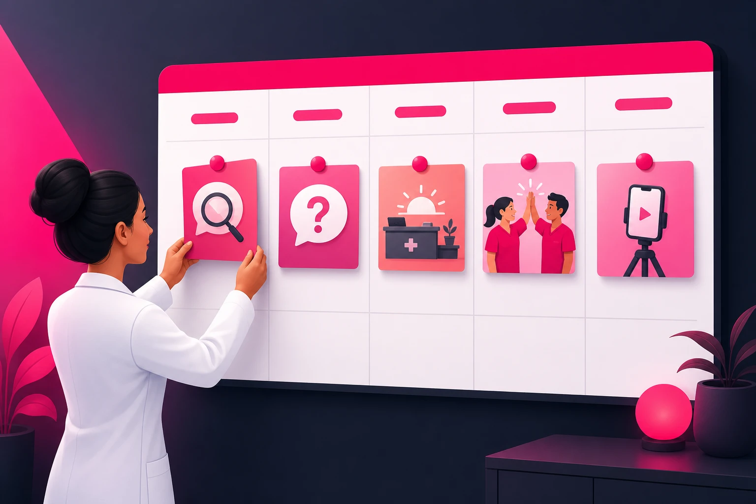 An illustration of a healthcare professional in a white coat pinning a video idea card to a weekly content calendar board, where five pink cards show icons for a myth-bust, a question and answer, a morning clinic scene, a team high-five, and a phone on a tripod