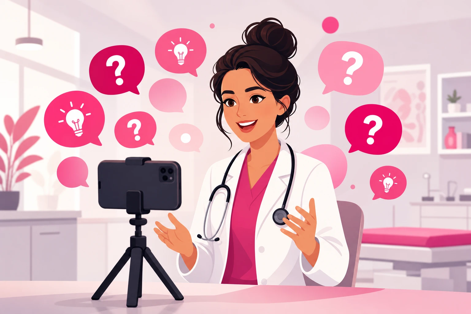 An illustration of a friendly healthcare professional in a white coat and stethoscope recording a video on a smartphone mounted on a small tripod in a bright clinic room, surrounded by floating pink speech bubbles containing question marks and lightbulbs