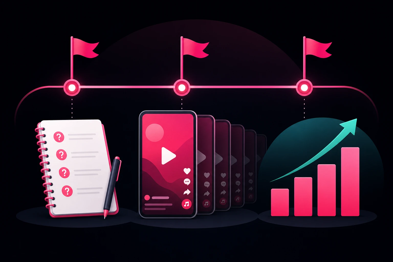 An illustration of a 90-day growth roadmap as a timeline with three milestone flags, above a notebook of patient questions, a stack of short-video phone frames forming a series, and a rising bar chart