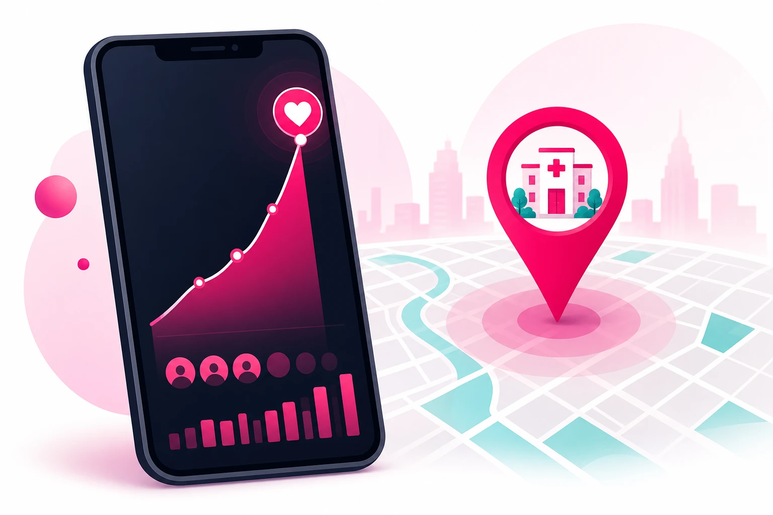An illustration of a smartphone showing a follower graph climbing to a heart icon at its peak, beside a city map with a large location pin containing a clinic building, representing local audience growth