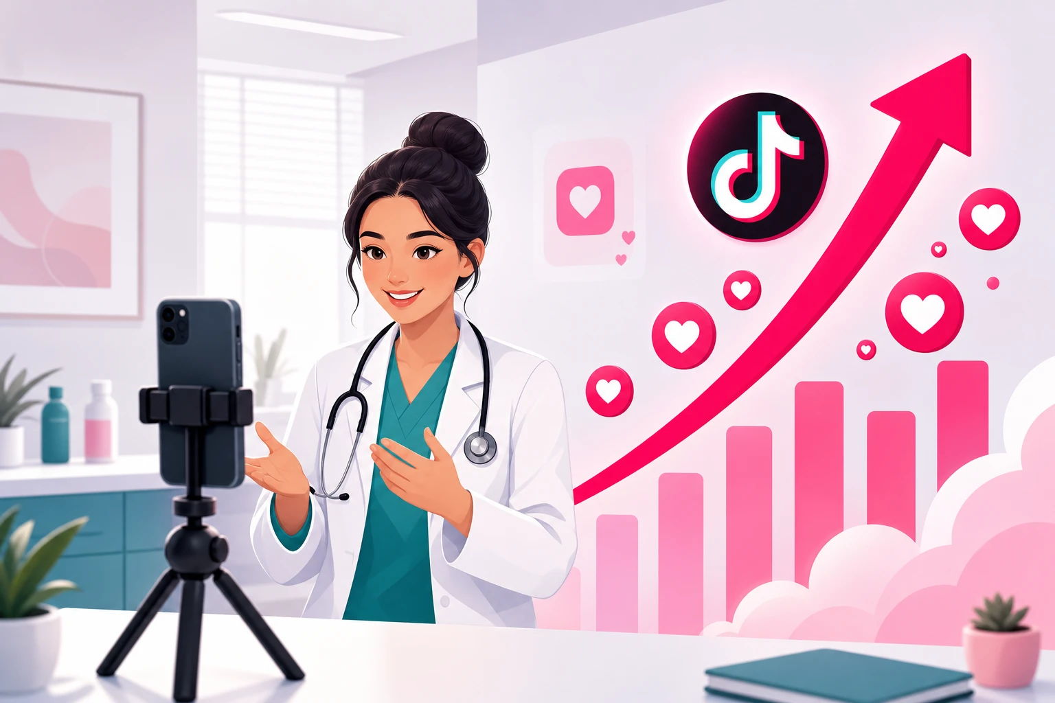 An illustration of a smiling healthcare provider in a white coat and teal scrubs with a stethoscope, recording a video on a smartphone mounted on a tripod in a bright clinic, with a rising growth arrow, bar chart, and floating heart icons behind her