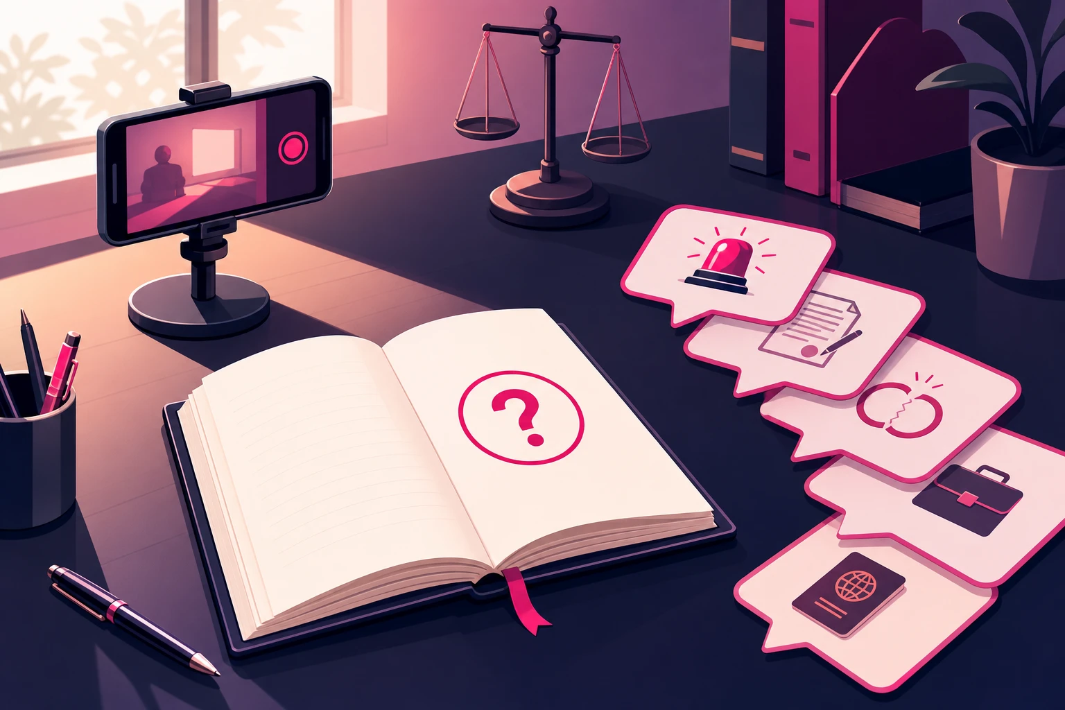 An illustration of a lawyer's desk with an open notebook and a fan of speech-bubble cards, each holding a simple icon for a different legal question, beside a phone recording on a small stand