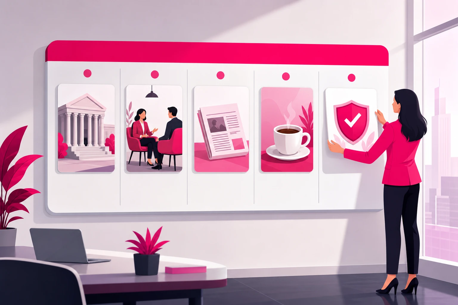 An illustration of a weekly content board with five columns of small scene cards - courthouse steps, a consultation chair, a newspaper, a coffee break, and a shield with a checkmark - as an attorney places the final card