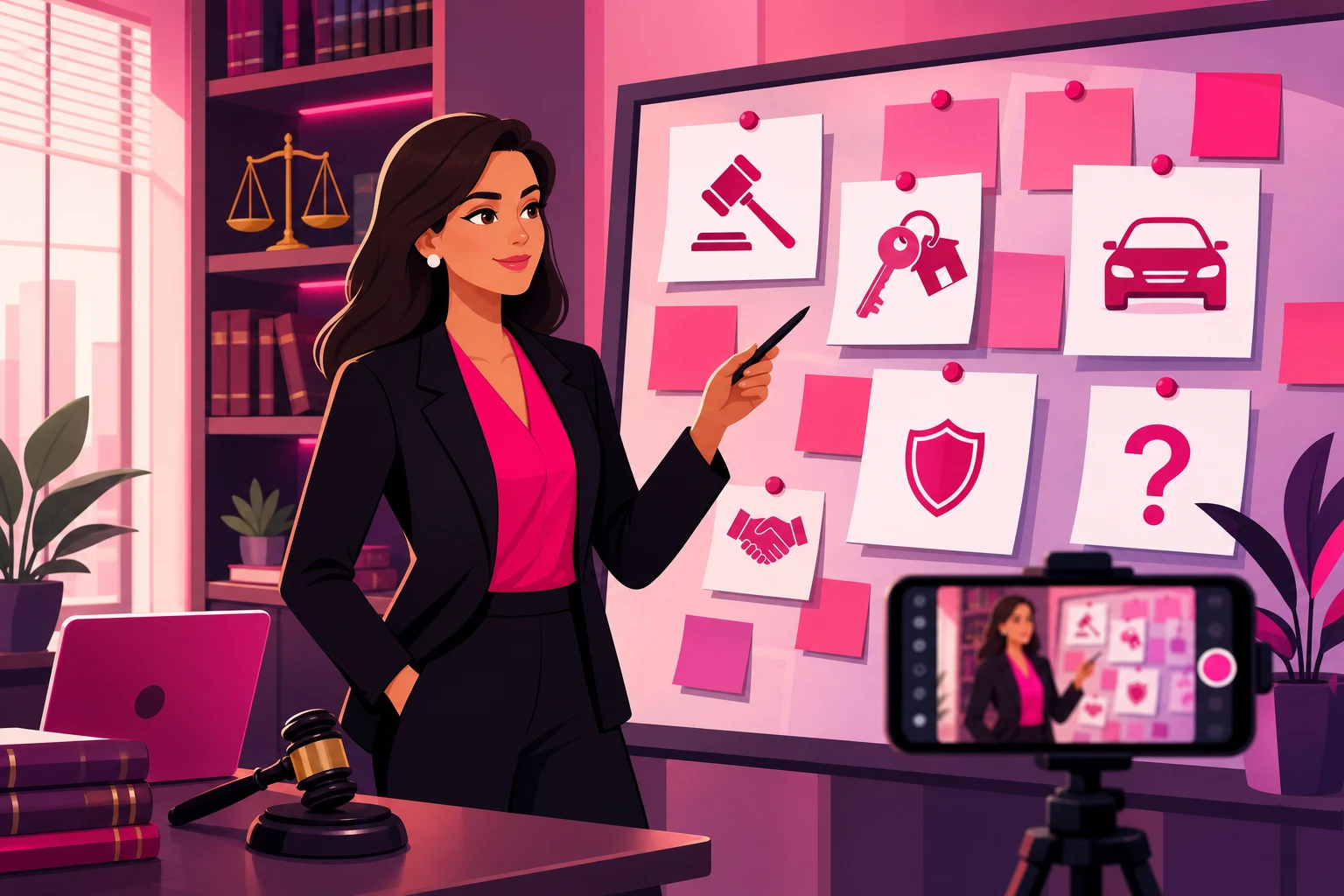 An illustration of a confident attorney standing beside a wall of pinned index cards, each carrying a small icon representing a different legal video idea, with a smartphone on a tripod framing the scene in a warm law office