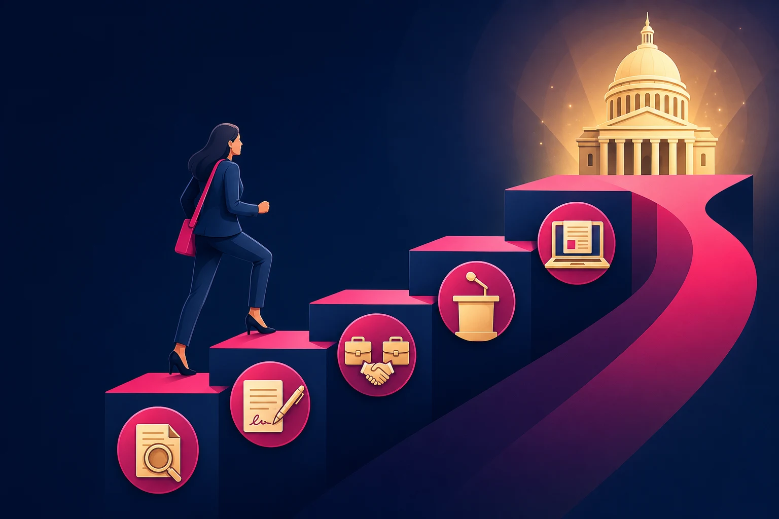 An illustration of a five-step revenue ladder, each step marked by an icon: a magnifying glass over a document, a signed contract with a pen, two briefcases shaking hands, a lectern with a microphone, and a laptop showing a document template, with an attorney climbing toward a glowing courthouse dome
