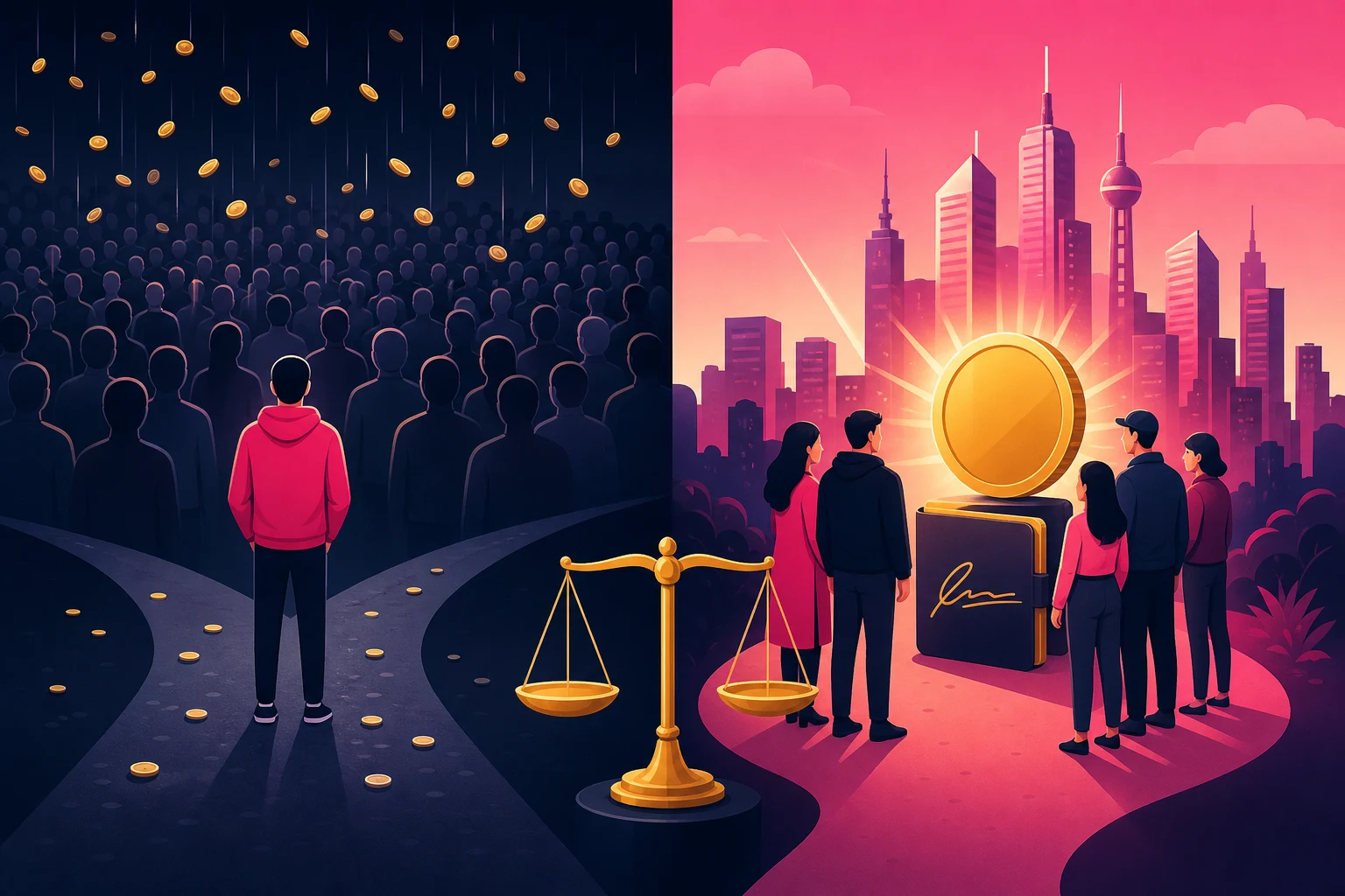 A split illustration: on the left, a lone figure standing under a rain of tiny scattered coins in front of an enormous faceless crowd; on the right, a small group of nearby people gathered around one large glowing gold coin and a signed case folder in front of a city skyline, with a balance scale between the two