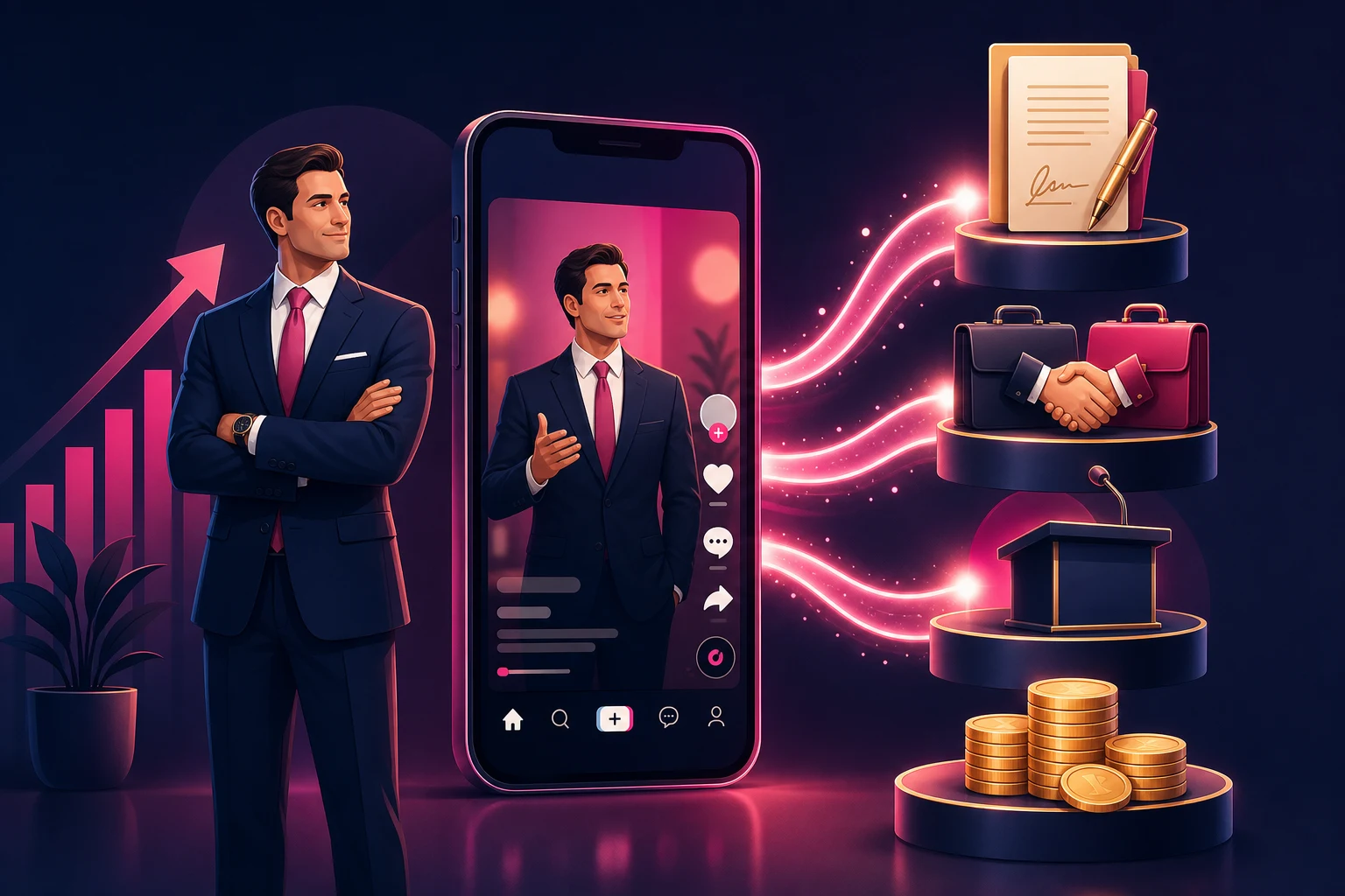 An illustration of an attorney in a navy suit beside a tall smartphone playing a short-form video, with glowing streams flowing from the phone into stacked revenue pillars: a signed case file, a handshake between two briefcases, a speaking lectern, and a stack of gold coins