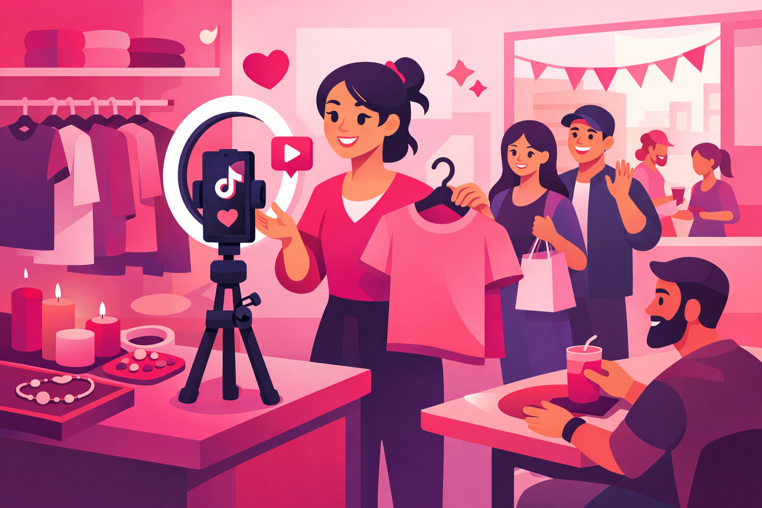 Small business owner filming TikTok content in their shop with customers engaging and a ring light setup