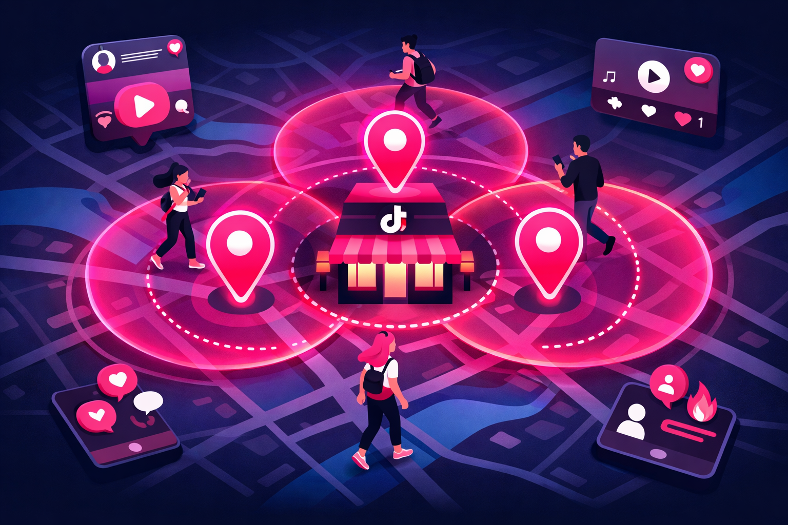 Geographic map showing location pins and radius targeting with customers walking toward a business, TikTok engagement elements visible