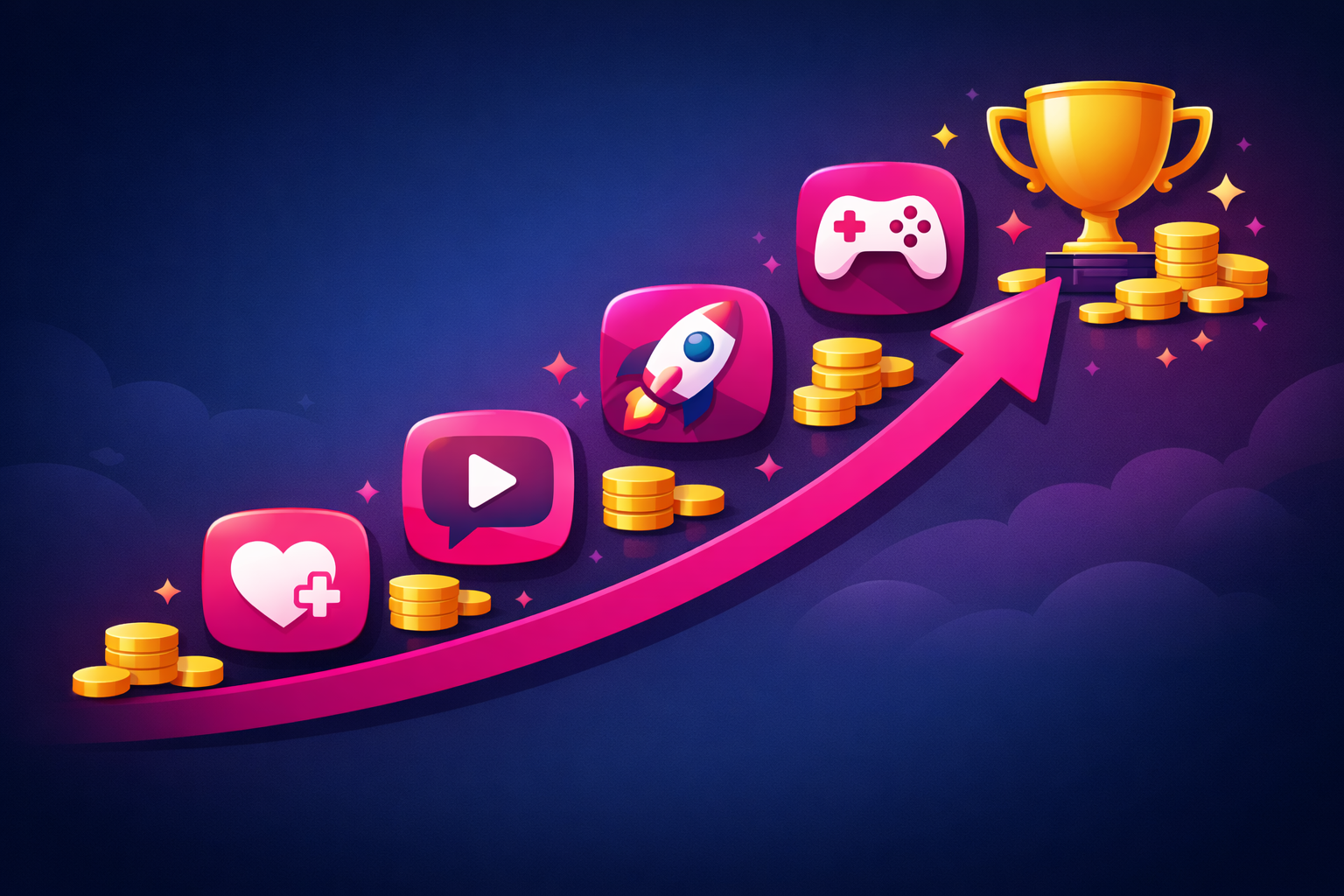 A growth chart rising upward with mobile game icons at each milestone, representing audience growth from mobile gaming content