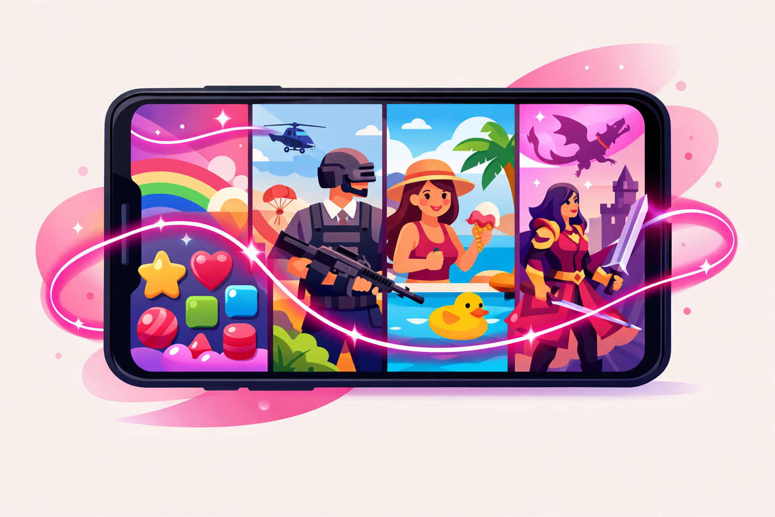 A mobile phone split screen showing different mobile game genres including puzzle, battle royale, casual, and RPG, connected by glowing lines representing content variety