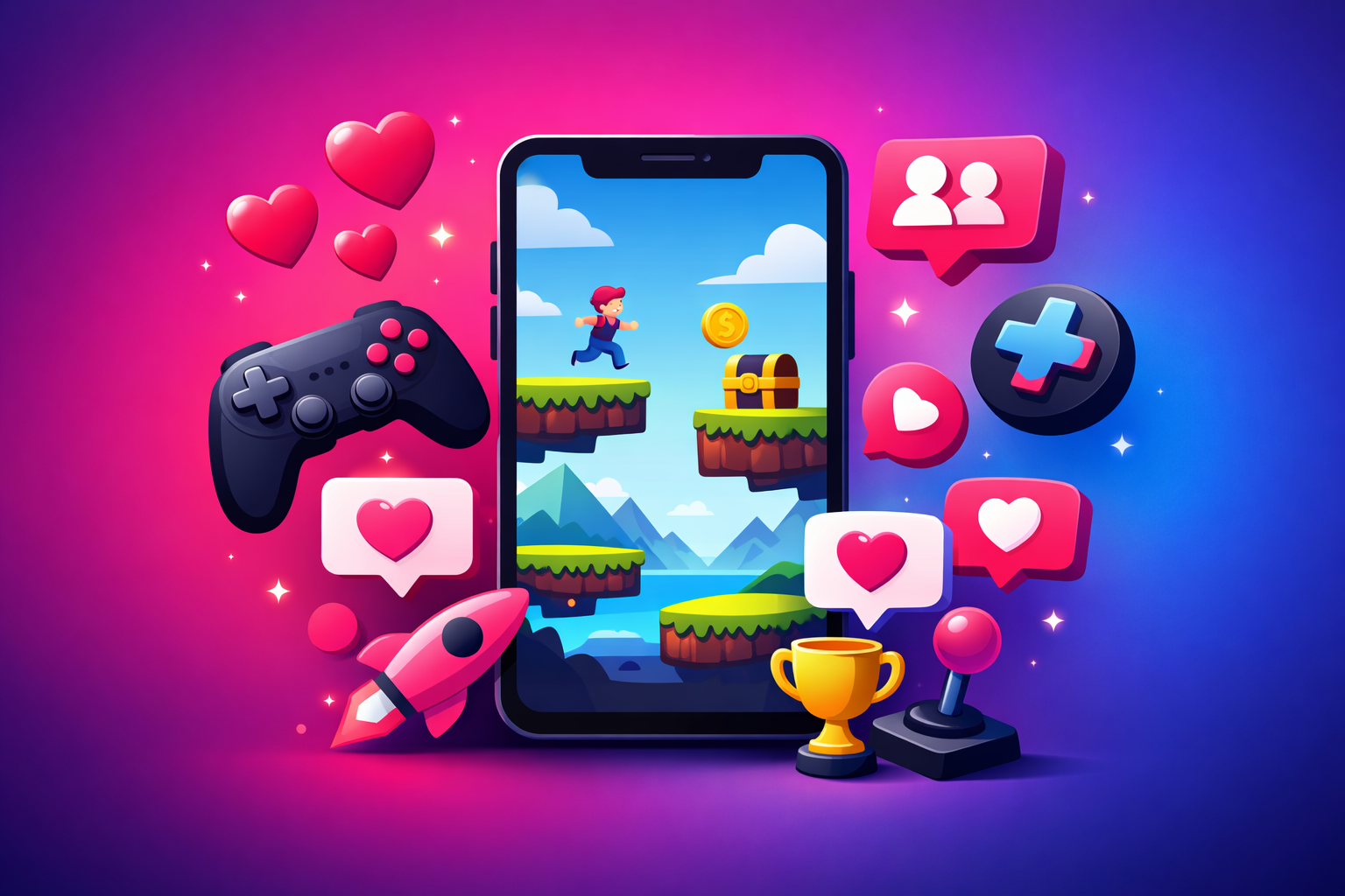 A smartphone displaying a mobile game surrounded by TikTok engagement icons, hearts, follower counts, and game controller elements on a magenta and blue gradient background