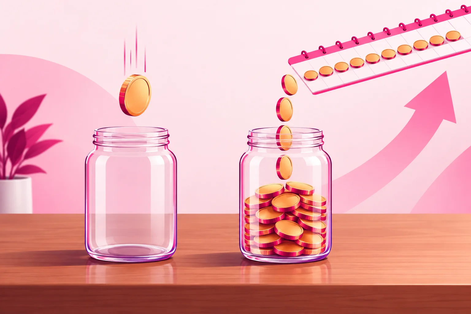 An illustration of two glass jars on a wooden table: on the left a single large coin falling into a nearly empty jar, on the right a jar steadily filling from a row of twelve small identical coins laid along a strip of calendar pages