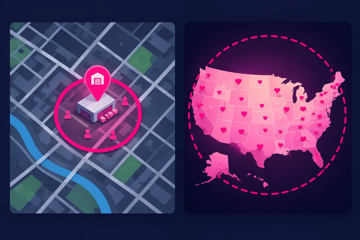 An illustration of two maps side by side: a city street map with a tight solid pink circle around a warehouse pin and a few small people icons inside it, next to a map of the United States with a wide dashed pink ring and small heart icons scattered across many states