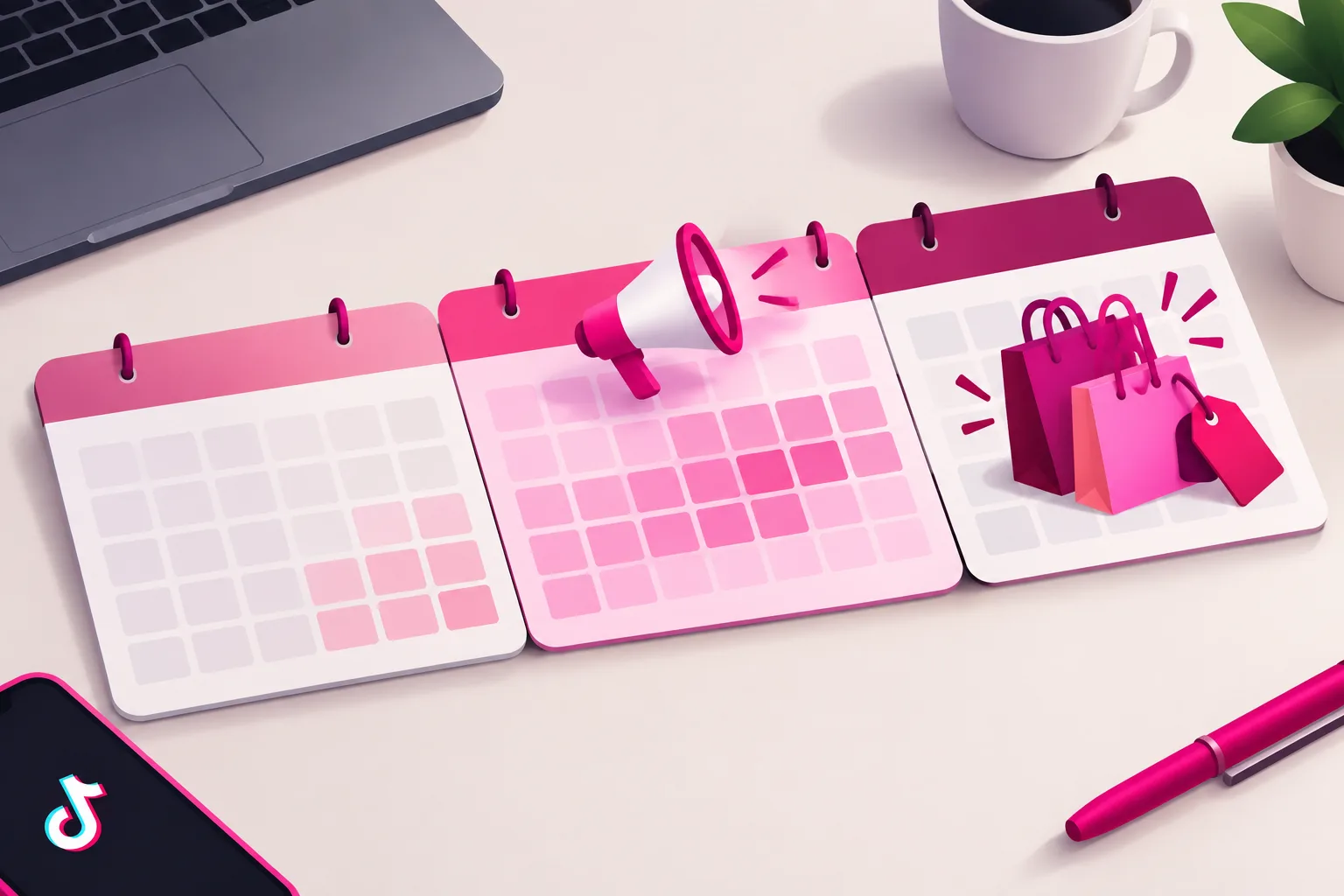 An illustration of a three-month calendar strip on a desk, with the stretch from the end of the first month into the middle of the second highlighted in soft pink and a small megaphone resting on it, while the final month is crowded with shopping bag and price tag icons