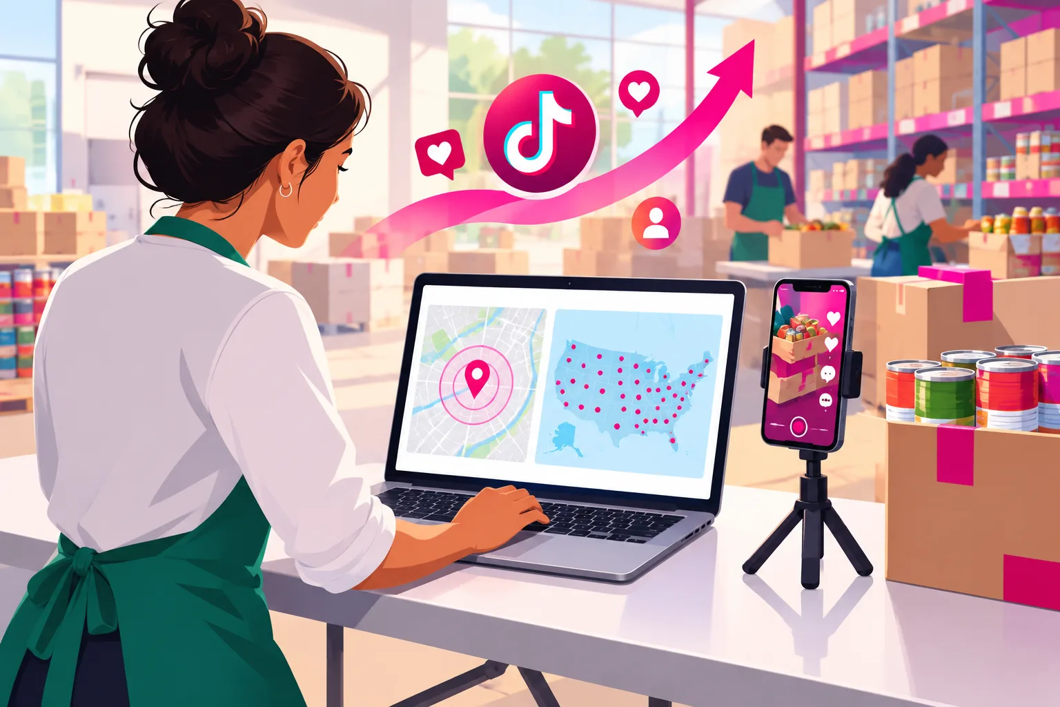 An illustration of a volunteer coordinator in a green apron at a folding table in a bright food pantry warehouse, looking at a laptop that shows two maps side by side: a city map with a tight pink circle around a warehouse pin and a national map with scattered pink dots, with stacked boxes of canned goods and a phone on a small tripod beside it