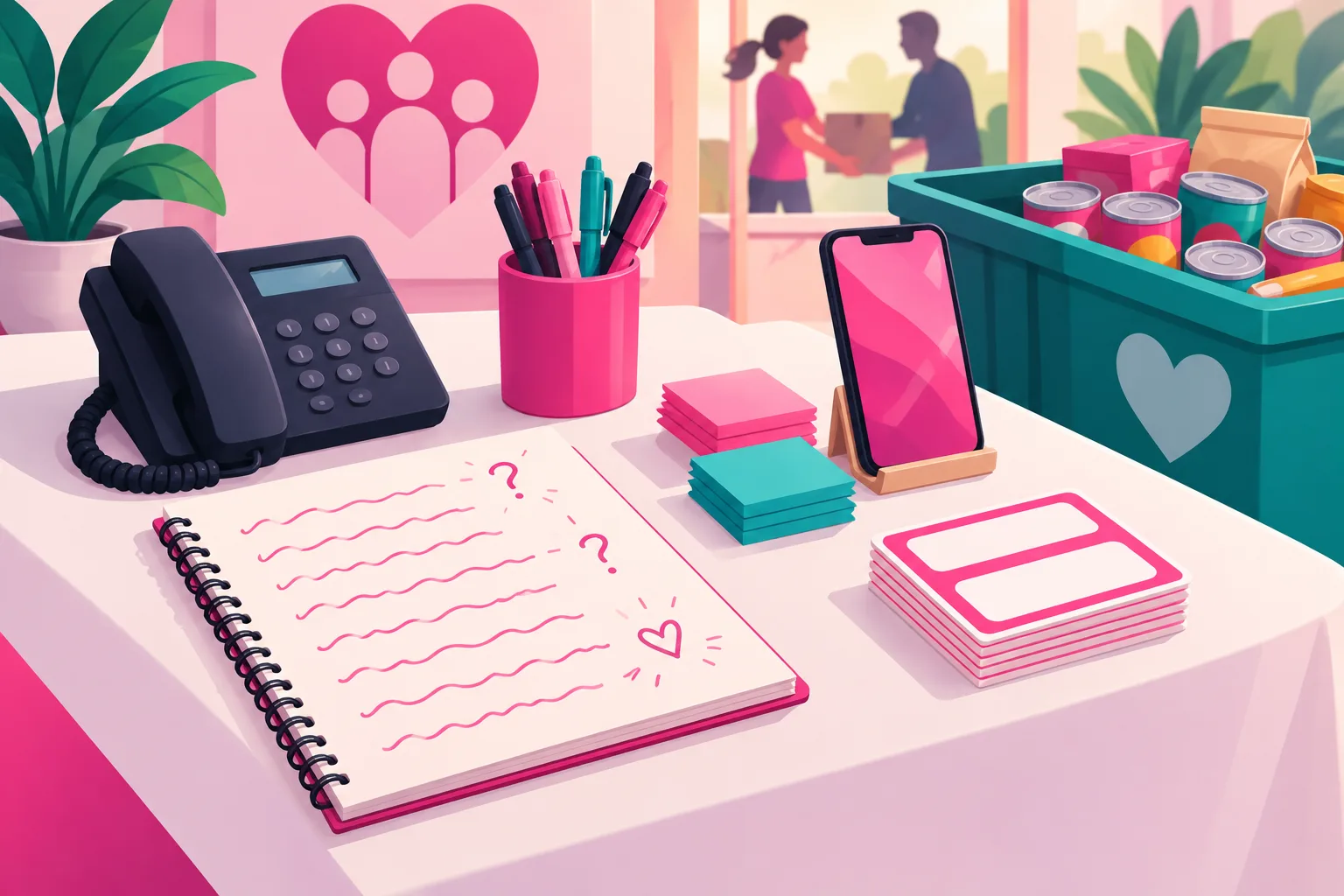 An illustration of a volunteer sign-in table at a community nonprofit with an open spiral notebook filled with scribble lines and doodled question marks, a desk phone, a cup of pens, pink and teal sticky notes, a stack of blank name-tag stickers, a smartphone standing in a small holder, and a donation bin of canned food beside the table