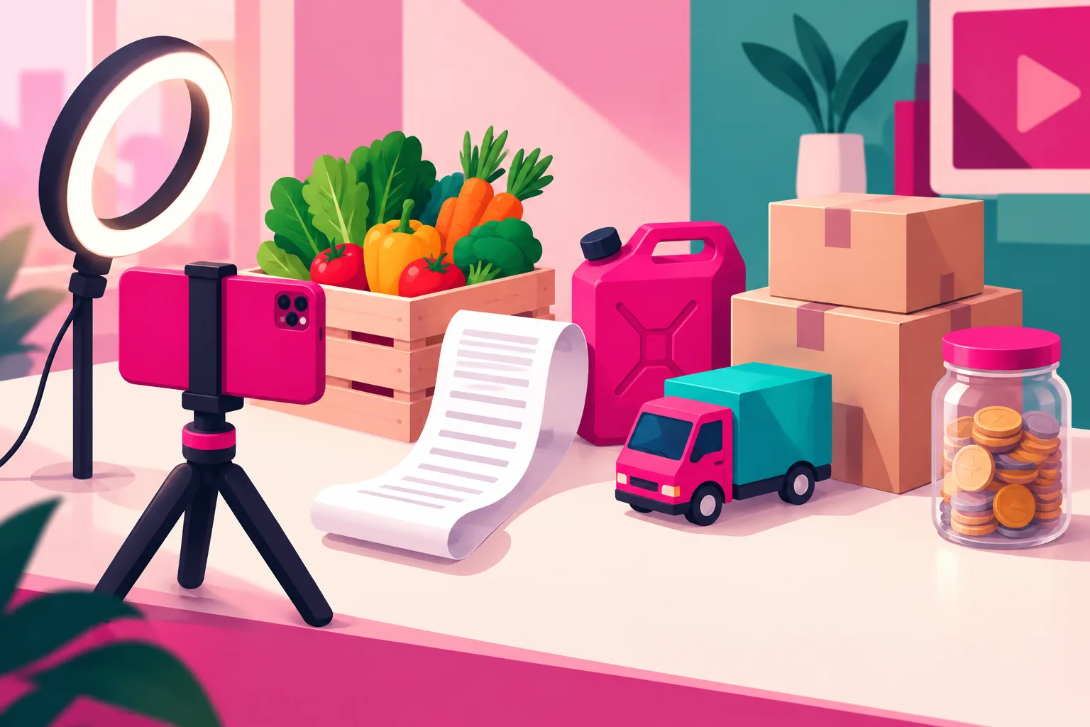 An illustration of a tabletop set up as a tiny film studio for a donation receipt video, with a long curled paper receipt laid beside the things the money bought - a crate of fresh produce, a fuel can, a small delivery truck, a stack of cardboard boxes, and a glass jar of coins - and a smartphone on a mini tripod with a ring light pointed at the table