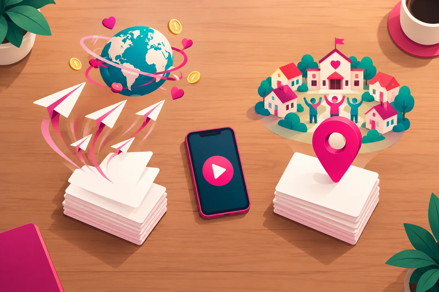 An illustration of a wooden table seen from above with two piles of blank index cards and a smartphone showing a play button between them - the left pile lifting off as paper airplanes toward a globe ringed with hearts and coins, the right pile held in place by a pink map pin beside a small neighborhood with a community building and cheering volunteers