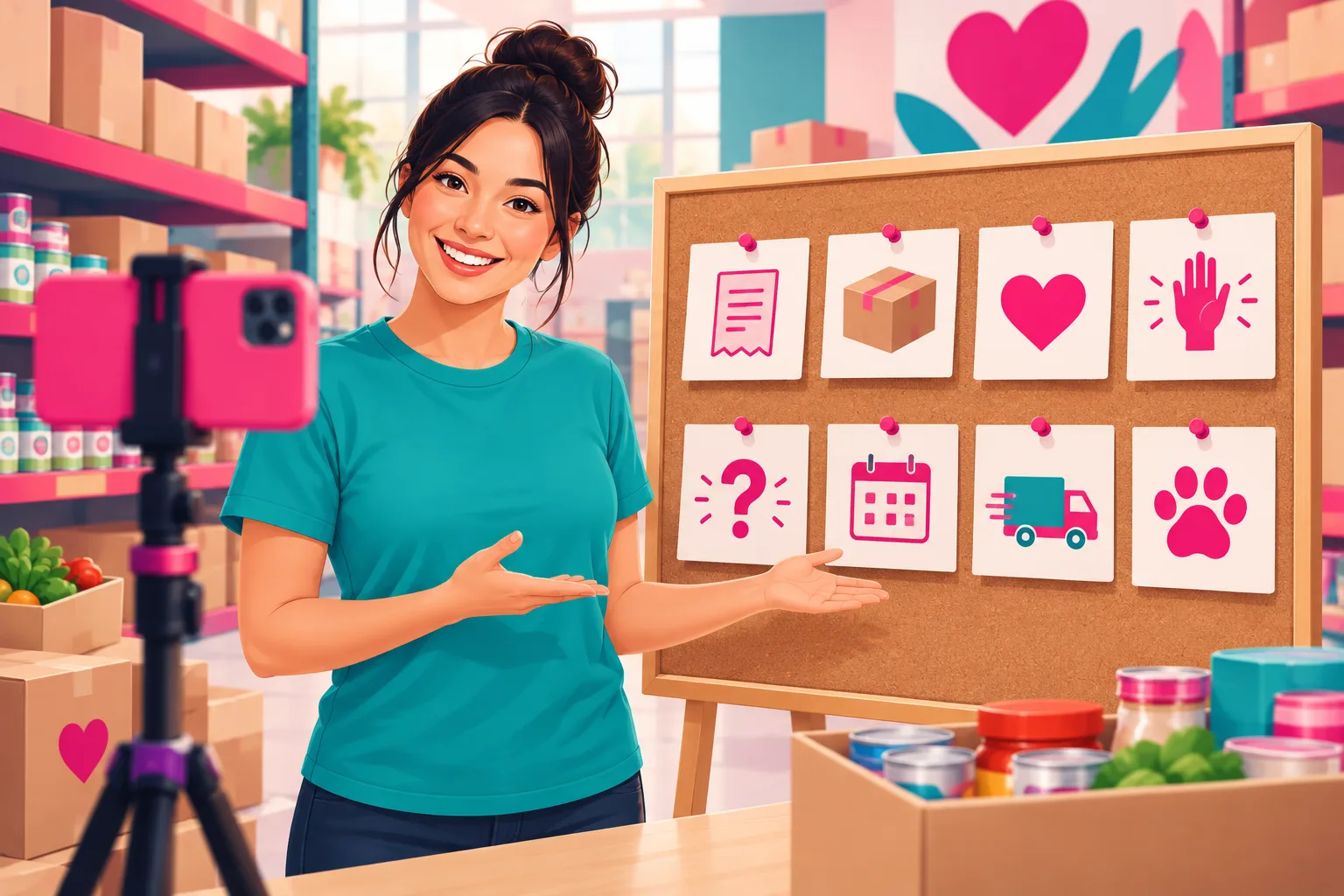 An illustration of a smiling volunteer coordinator in a teal t-shirt standing in a bright food pantry warehouse beside a corkboard of pinned index cards, each showing a small icon for a different video idea - a receipt, a cardboard box, a heart, a raised hand, a question mark, a calendar, a delivery truck, and a paw print - with a smartphone on a tripod framing the scene