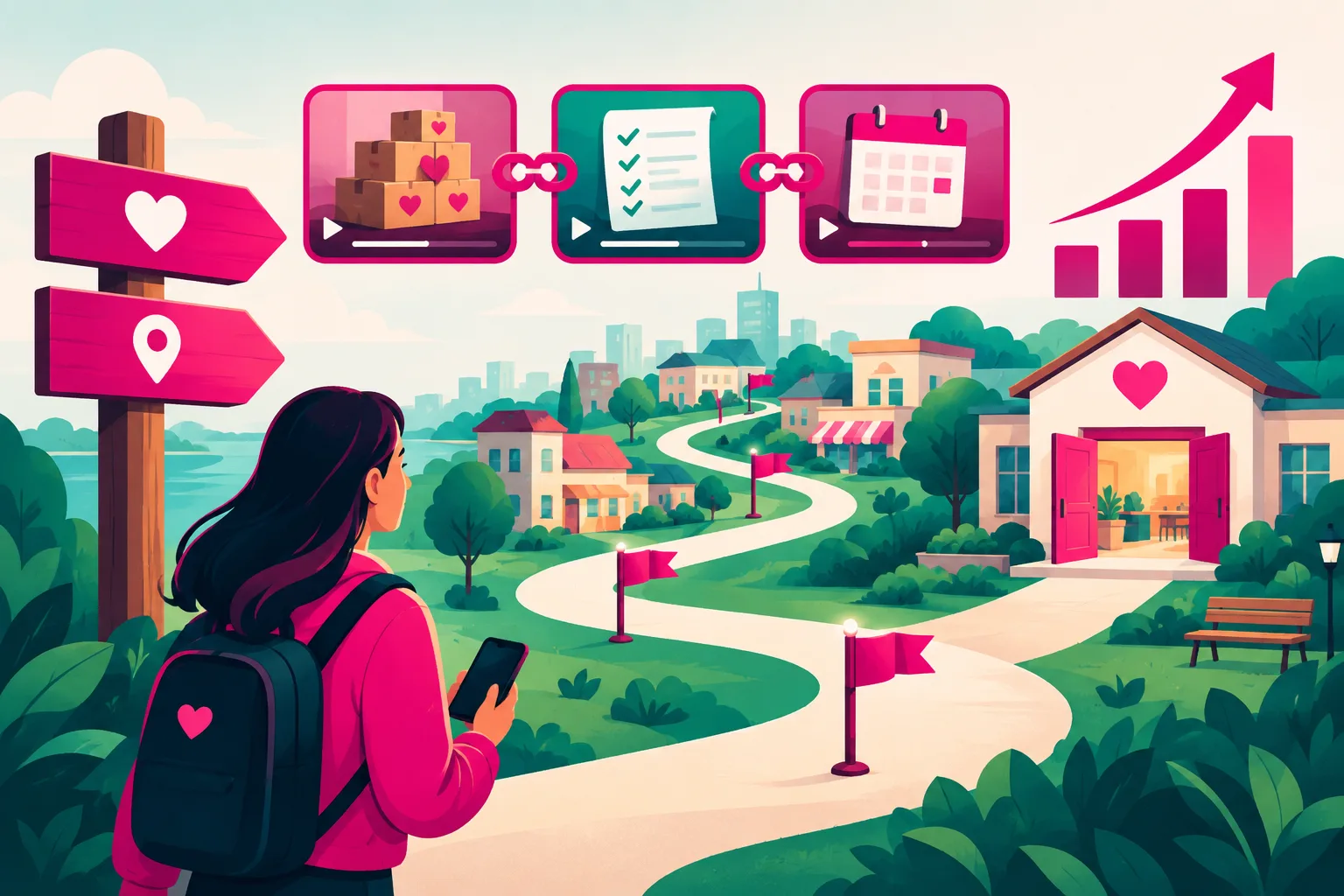 An illustration of a 90-day growth roadmap as a winding path through a small town with milestone flags: a wooden signpost holding a heart icon and a map pin, a chain of linked video thumbnails showing stacked donation boxes, a receipt with check marks, and a calendar, and a rising arrow over a bar chart beside a small community center with an open door