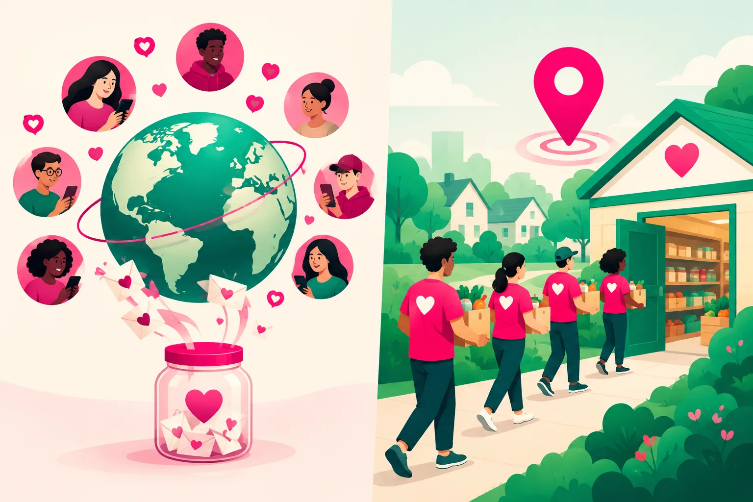 An illustration comparing two scoreboards: a globe surrounded by a scattered crowd of viewer avatars and hearts with gift envelopes drifting into a donation jar on the left, and a map pin over a small neighborhood with a short line of volunteers in matching shirts carrying boxes toward the open door of a community pantry on the right