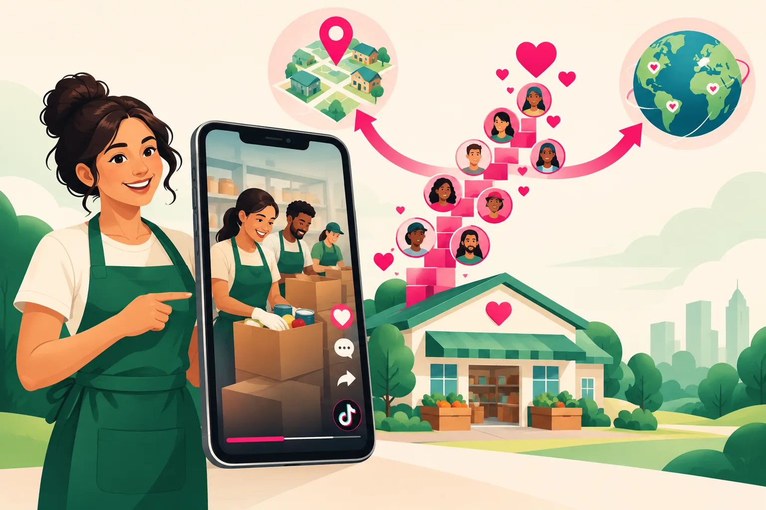 An illustration of a friendly volunteer in a green apron beside a tall smartphone showing a short-form video of volunteers packing food boxes, with a rising staircase of follower avatars and heart icons climbing from a small community food pantry and splitting toward two destinations: a map pin over a neighborhood and a globe