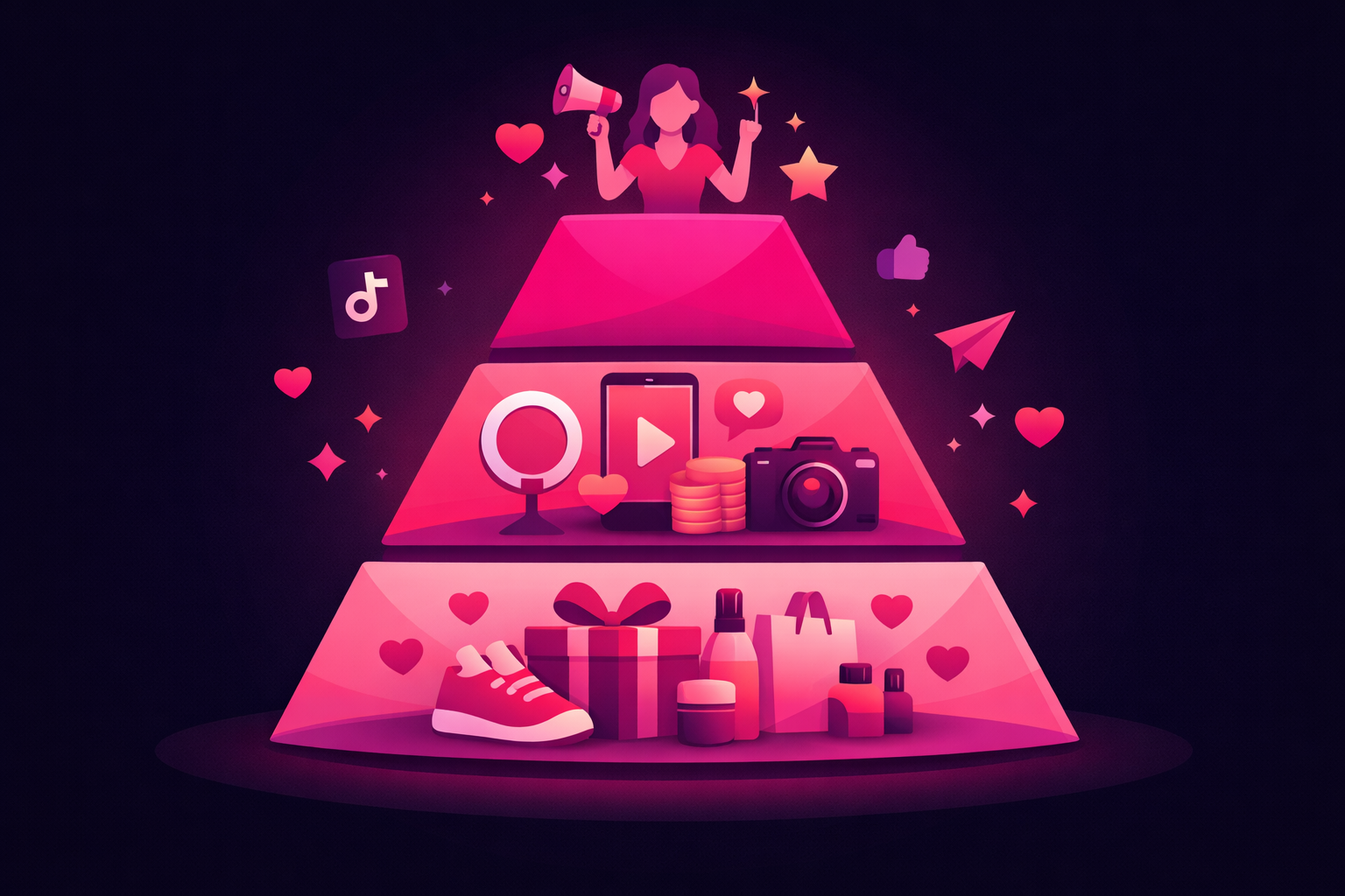 A flat infographic illustration of a tiered pyramid showing brand deal types from gifted products at the base to brand ambassadorships at the top, in a soft pink and purple gradient palette