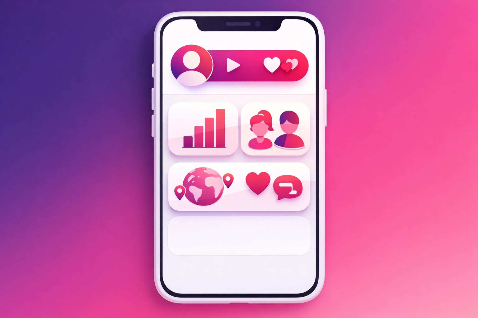 A clean illustration of a smartphone screen showing a media kit page with creator stats, audience demographics, and engagement metrics in pill-shaped cards