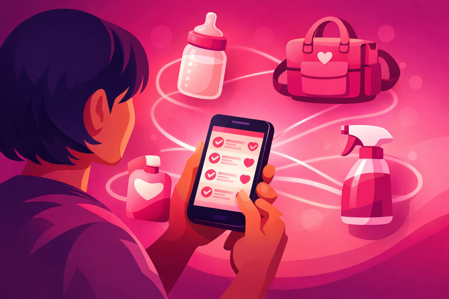 A warm flat illustration of a parent holding a smartphone showing a partnership inbox surrounded by floating family-brand product icons connected by soft pink gradient lines