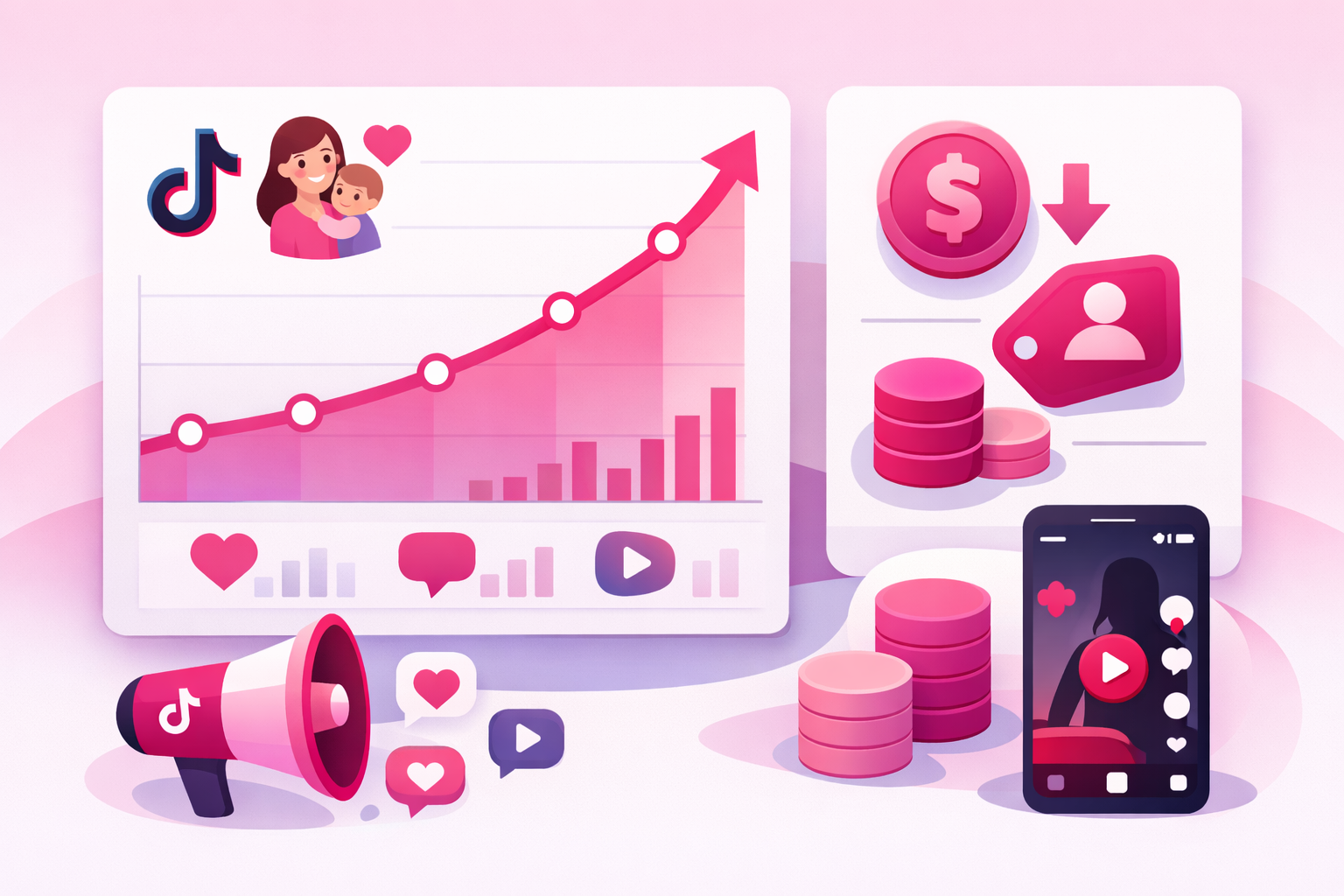 A flat illustration of a campaign dashboard showing follower growth chart and cost-per-follower metrics for a parenting TikTok ad campaign in a soft modern style with pink and purple accents