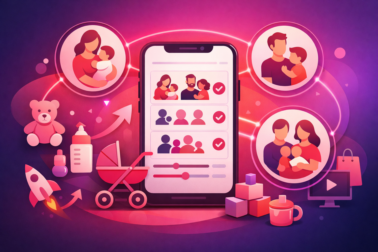 A warm flat illustration of a smartphone showing a TikTok ad targeting interface with parent demographics surrounded by family-related product icons and audience target circles connected by soft pink and purple gradient lines