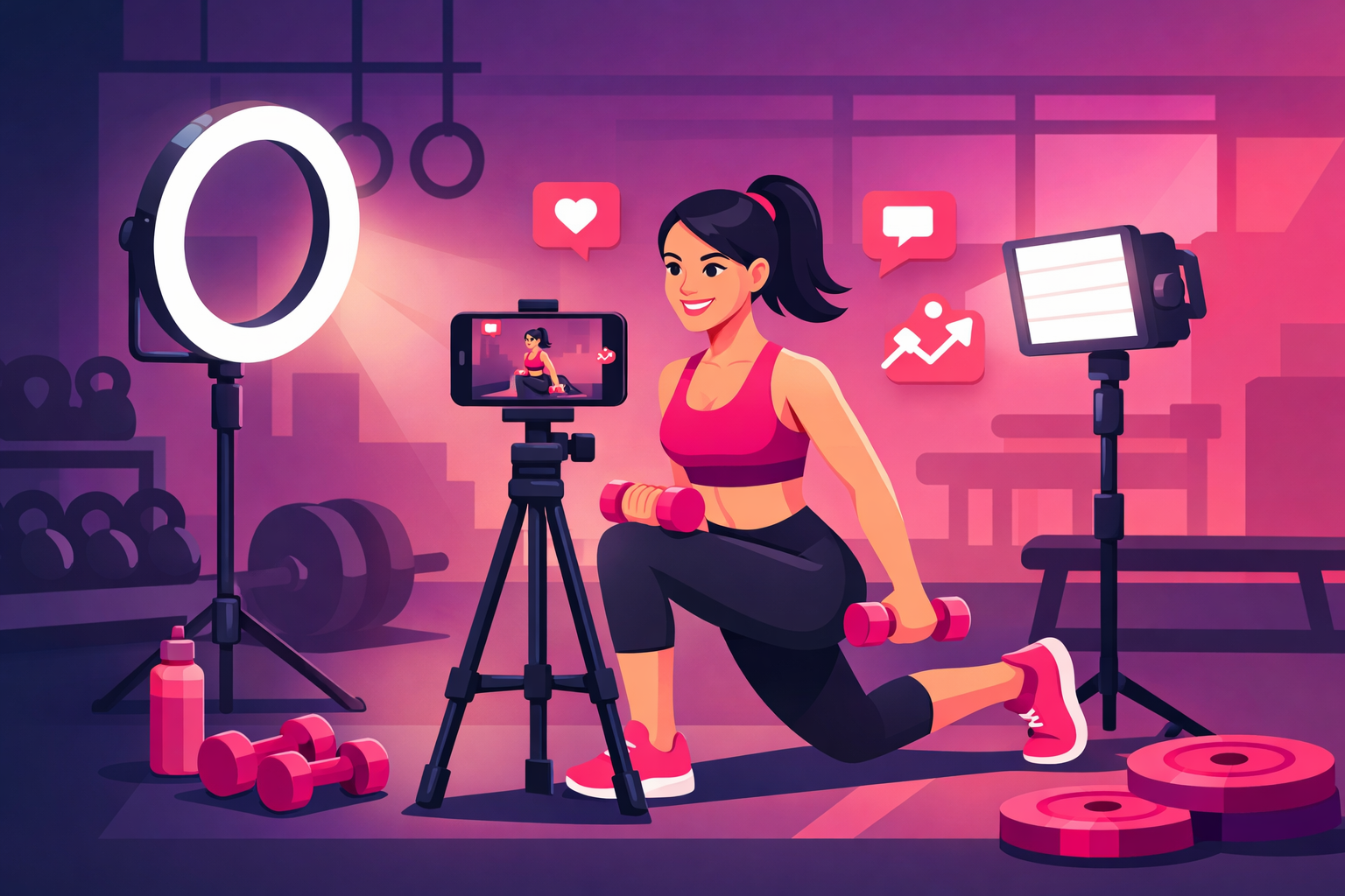 Personal trainer filming TikTok workout content with proper setup