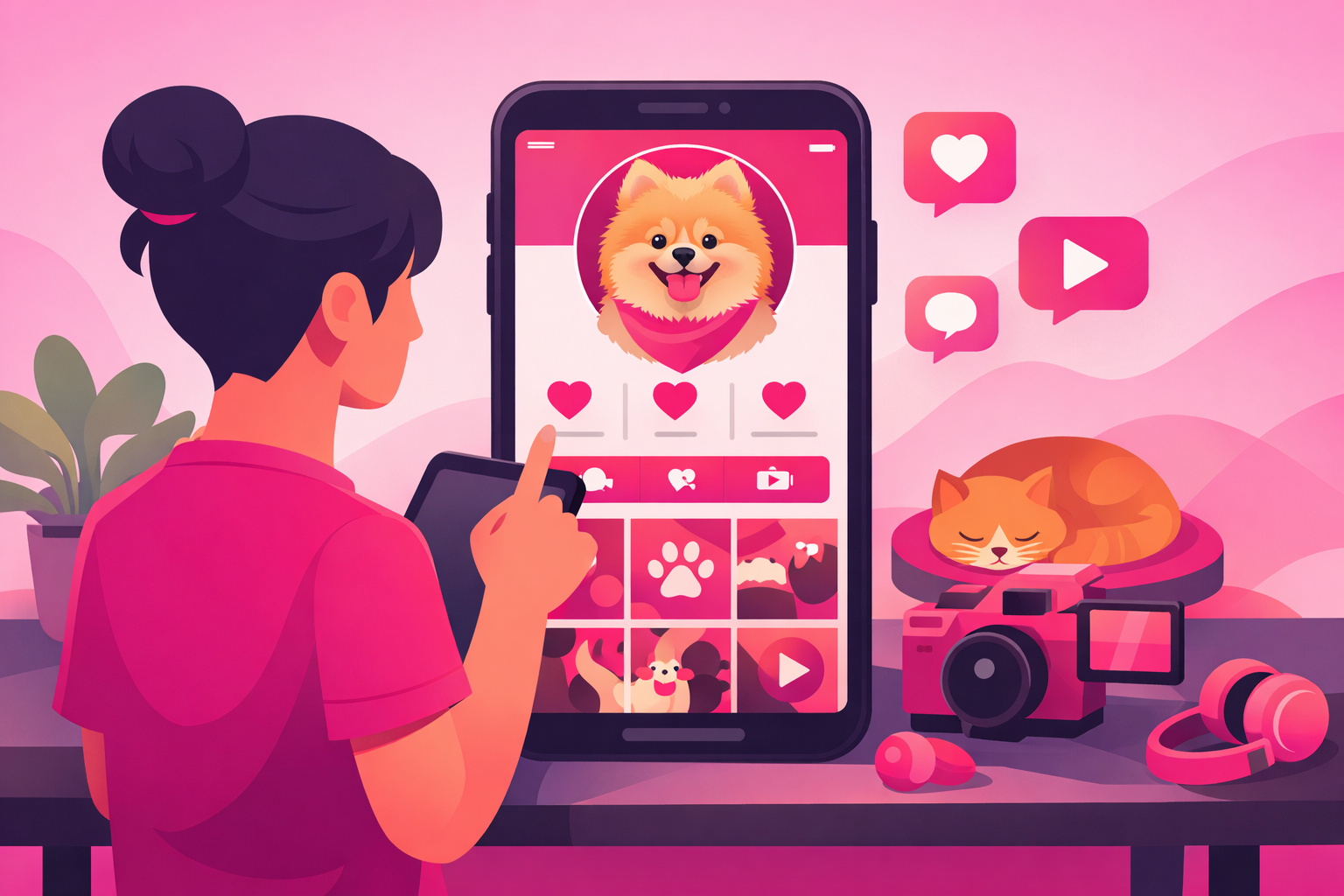 A pet content creator setting up their TikTok profile with a smartphone showing a polished pet bio and professional branding elements