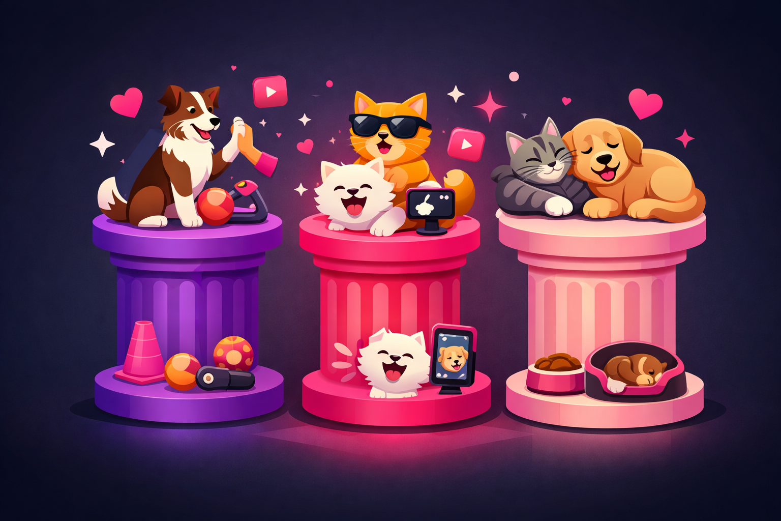 Three colorful content pillars representing different pet TikTok content themes including tricks and training, funny reactions, and daily life moments