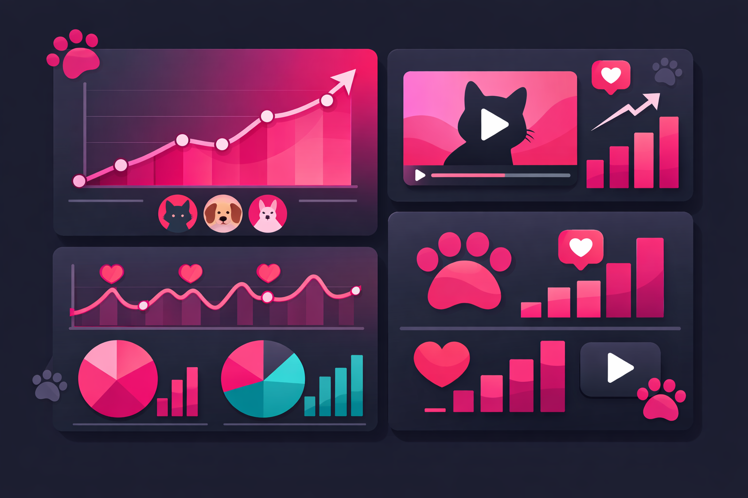 Analytics dashboard showing upward trending follower graphs and engagement charts for a pet TikTok account with paw print decorative elements