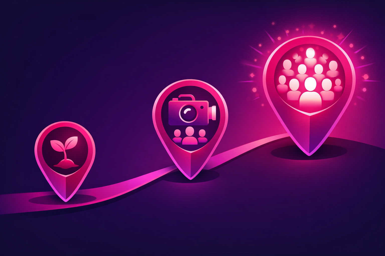 A three-stage growth roadmap shown as three milestone markers along a rising path: a small seedling first stage, a middle stage with a camera and a small audience, and a large final stage with a glowing crowd of follower avatars, on a pink and purple gradient background