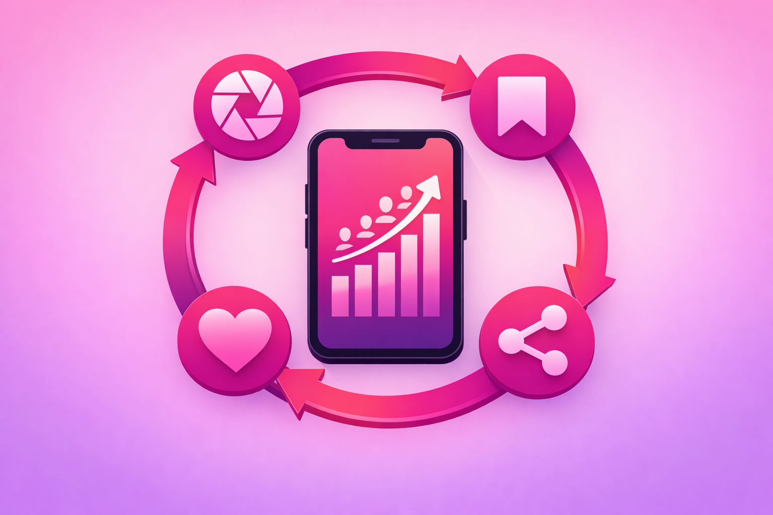 A circular flywheel loop connecting four glowing icons - a camera shutter, a bookmark save symbol, a share arrow, and a heart - spinning around a central smartphone showing a rising follower graph, on a pink and purple gradient background