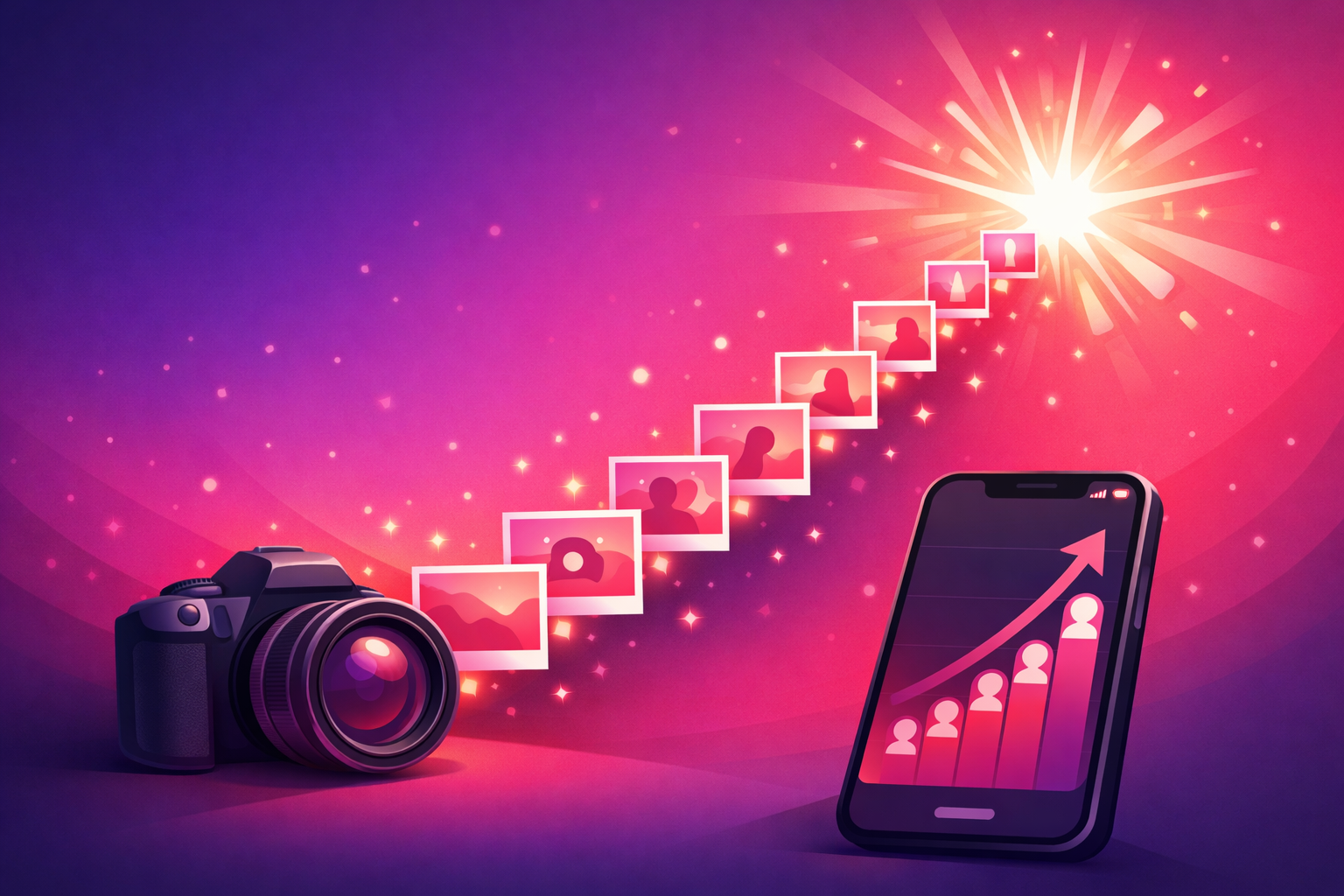 A growth staircase made of small photo frames rising from a camera at the bottom toward a glowing milestone burst, with a smartphone showing a climbing follower graph in the foreground, on a soft pink and purple gradient background