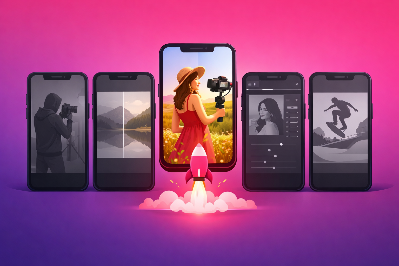 Five smartphone screens in a row showing different photography videos, four dim and greyscale while the center one glows in full color and is lifted upward by a small rocket boost, on a pink and purple gradient background